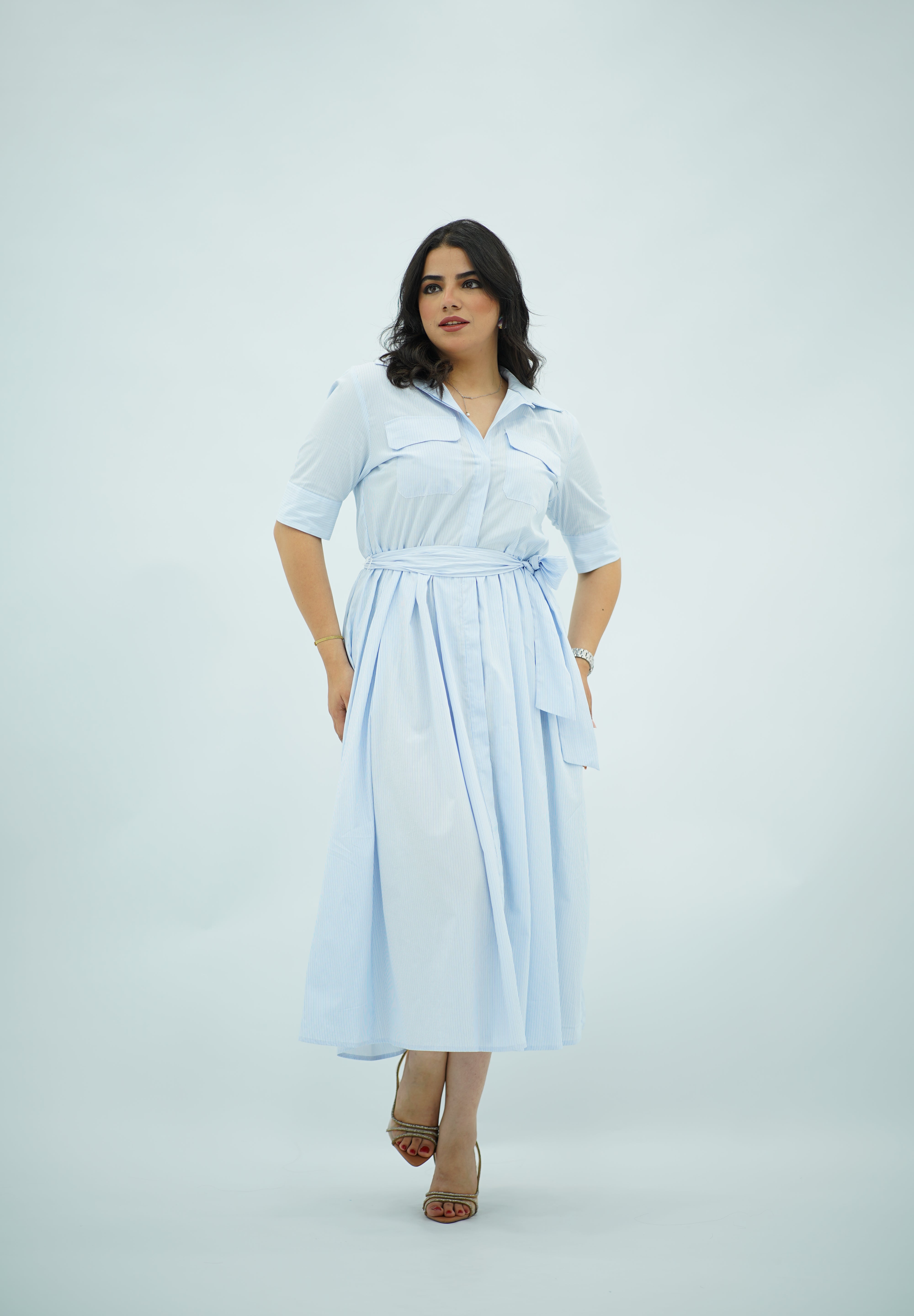 Robe chemisier midi rayée bleu ciel