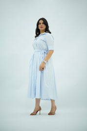 Robe chemisier midi rayée bleu ciel