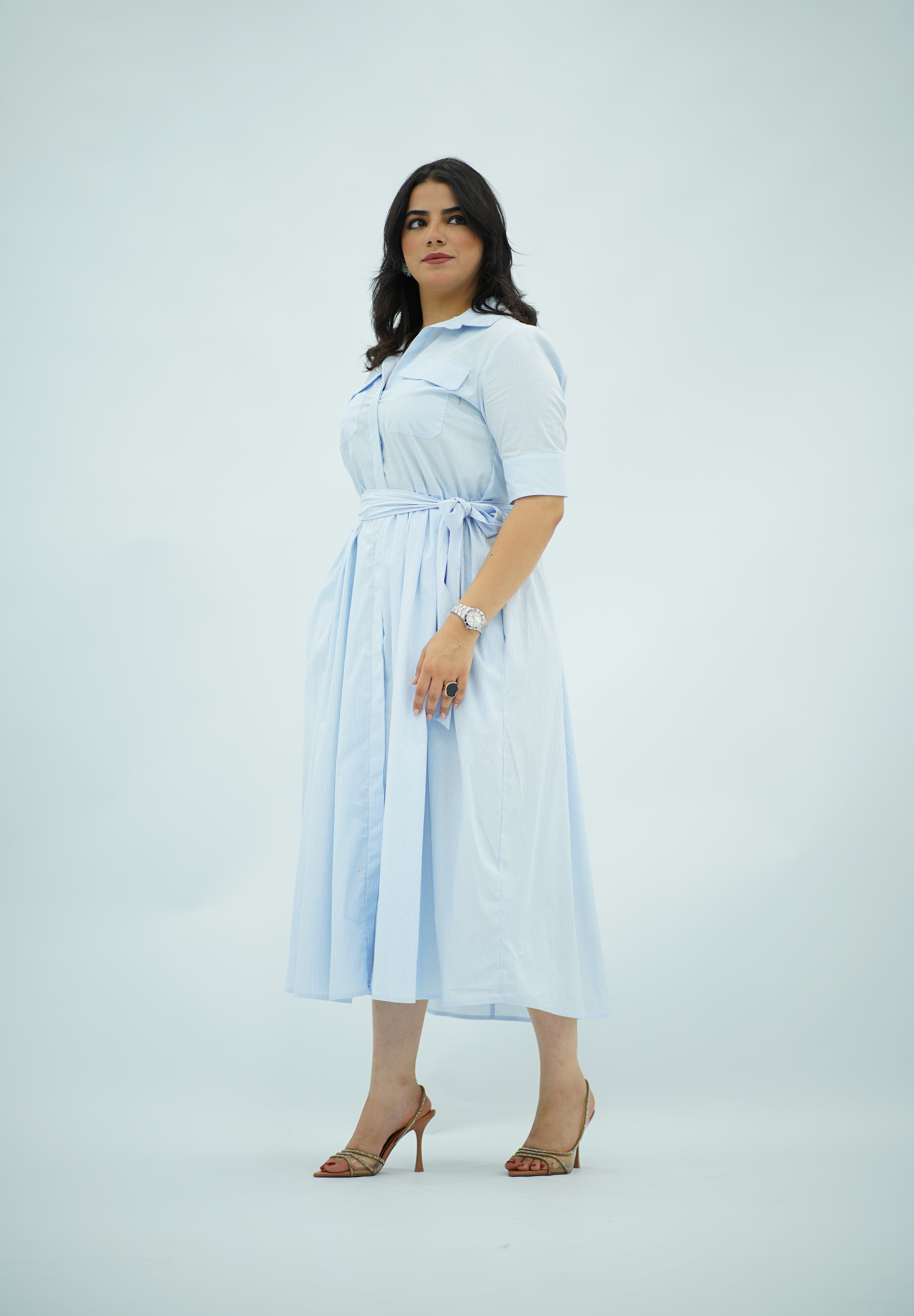 Robe chemisier midi rayée bleu ciel