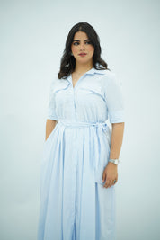 Robe chemisier midi rayée bleu ciel