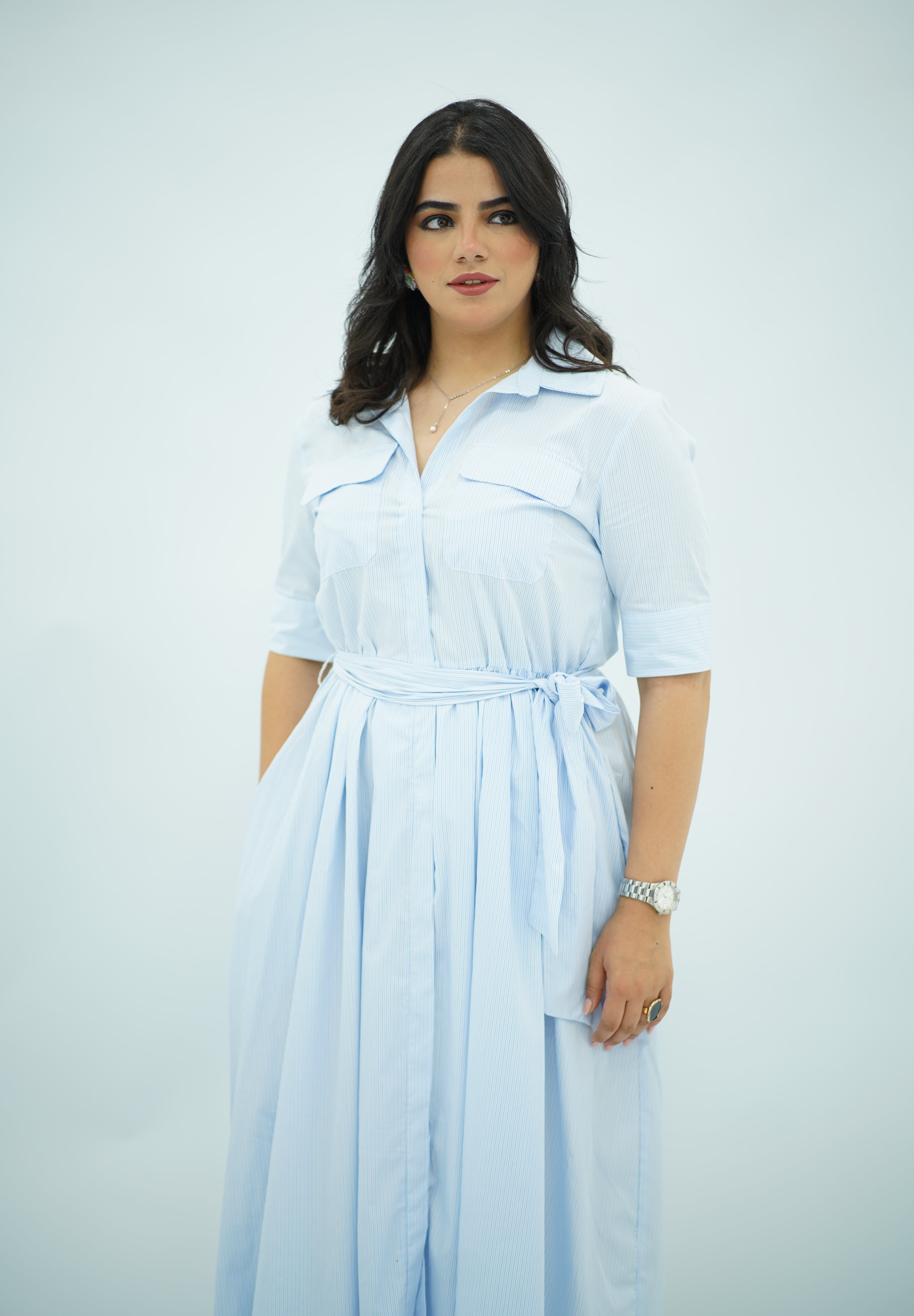 Robe chemisier midi rayée bleu ciel