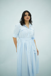 Robe chemisier midi rayée bleu ciel
