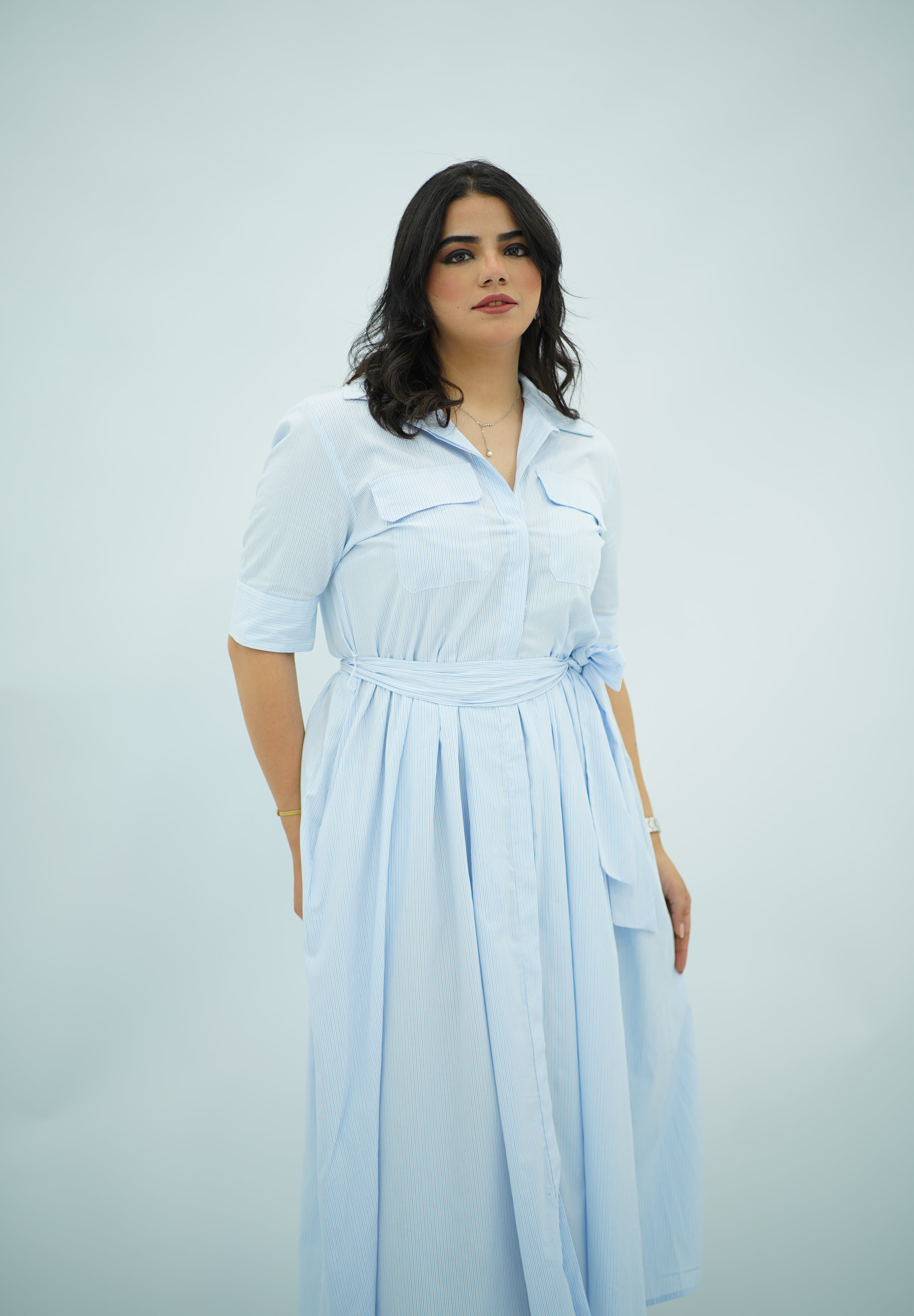 Robe chemisier midi rayée bleu ciel