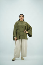 Chemise en Lin Vert Olive à Fermeture Nouée
