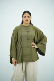 Chemise en Lin Vert Olive à Fermeture Nouée