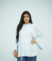 Chemise en Lin Élégante à Nœuds Chinois - Bleu Ciel