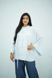 Chemise en Lin Élégante à Nœuds Chinois - Bleu Ciel