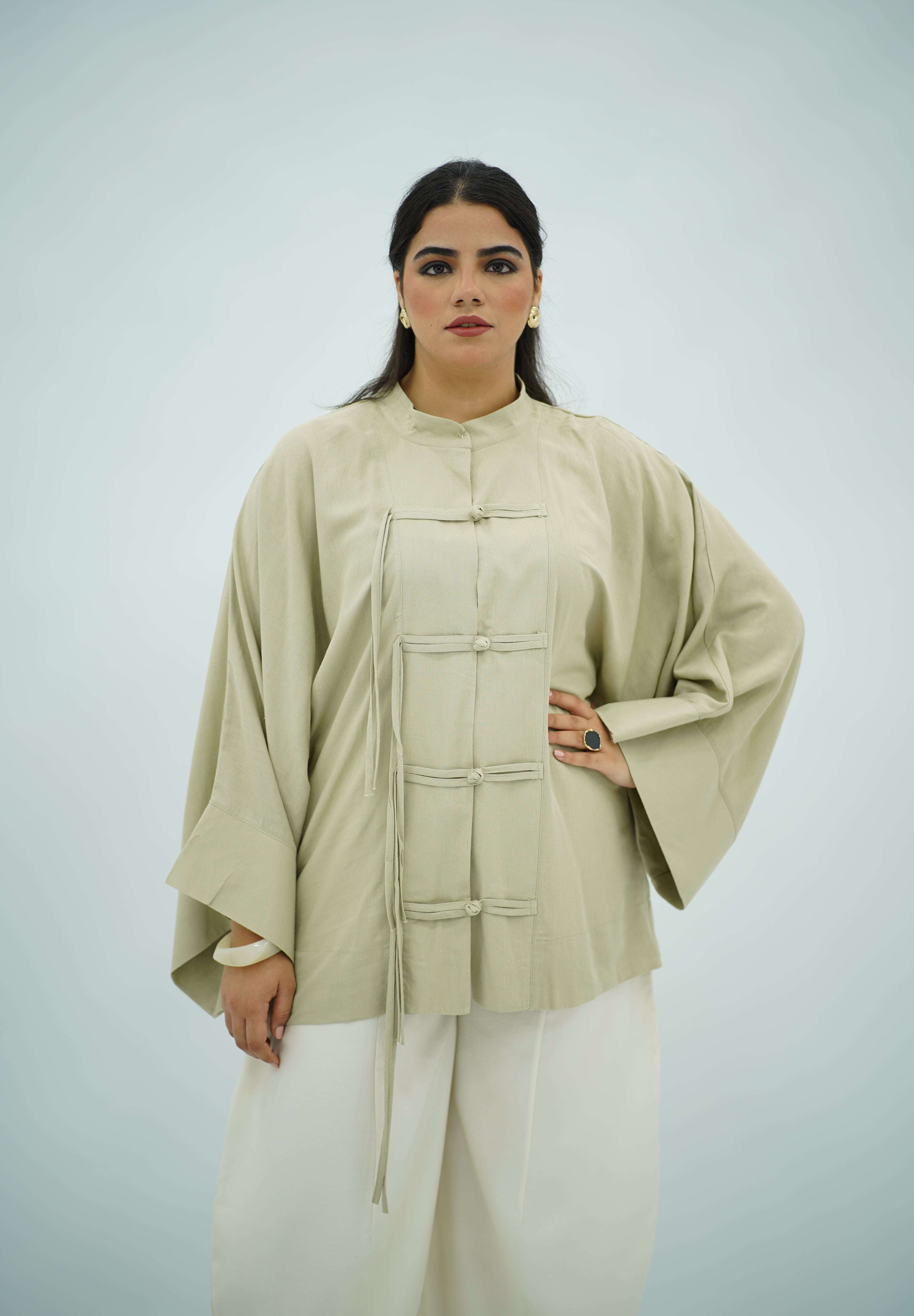 Chemise Lin Beige grège à Fermeture Nouée
