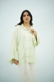 Chemise en Lin Élégante à Nœuds Chinois - Vert Amande