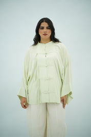Chemise en Lin Élégante à Nœuds Chinois - Vert Amande