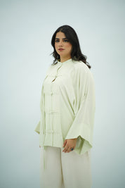 Chemise en Lin Élégante à Nœuds Chinois - Vert Amande