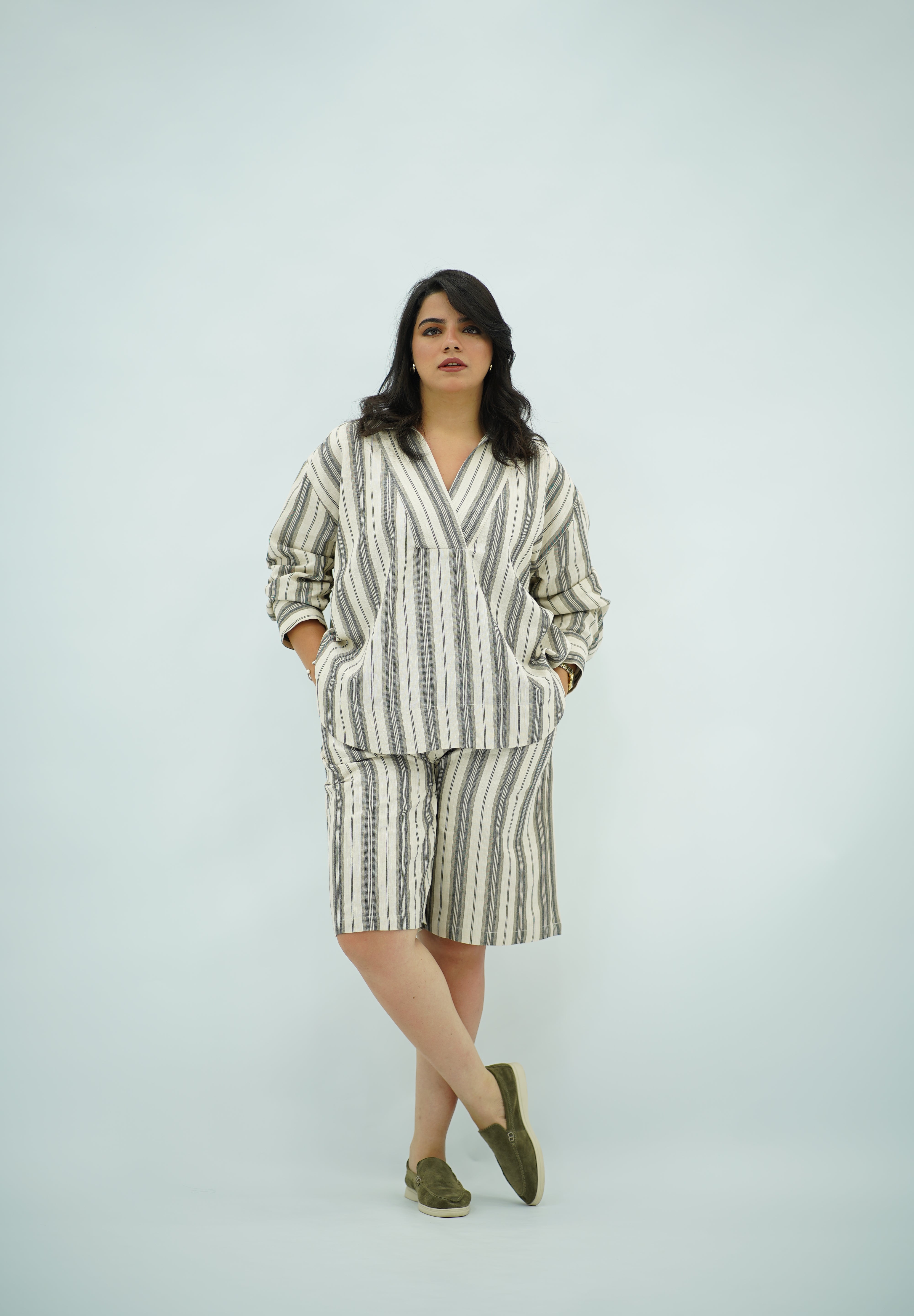 Ensemble Lin Rayé Oversize - Style Chic et Décontracté