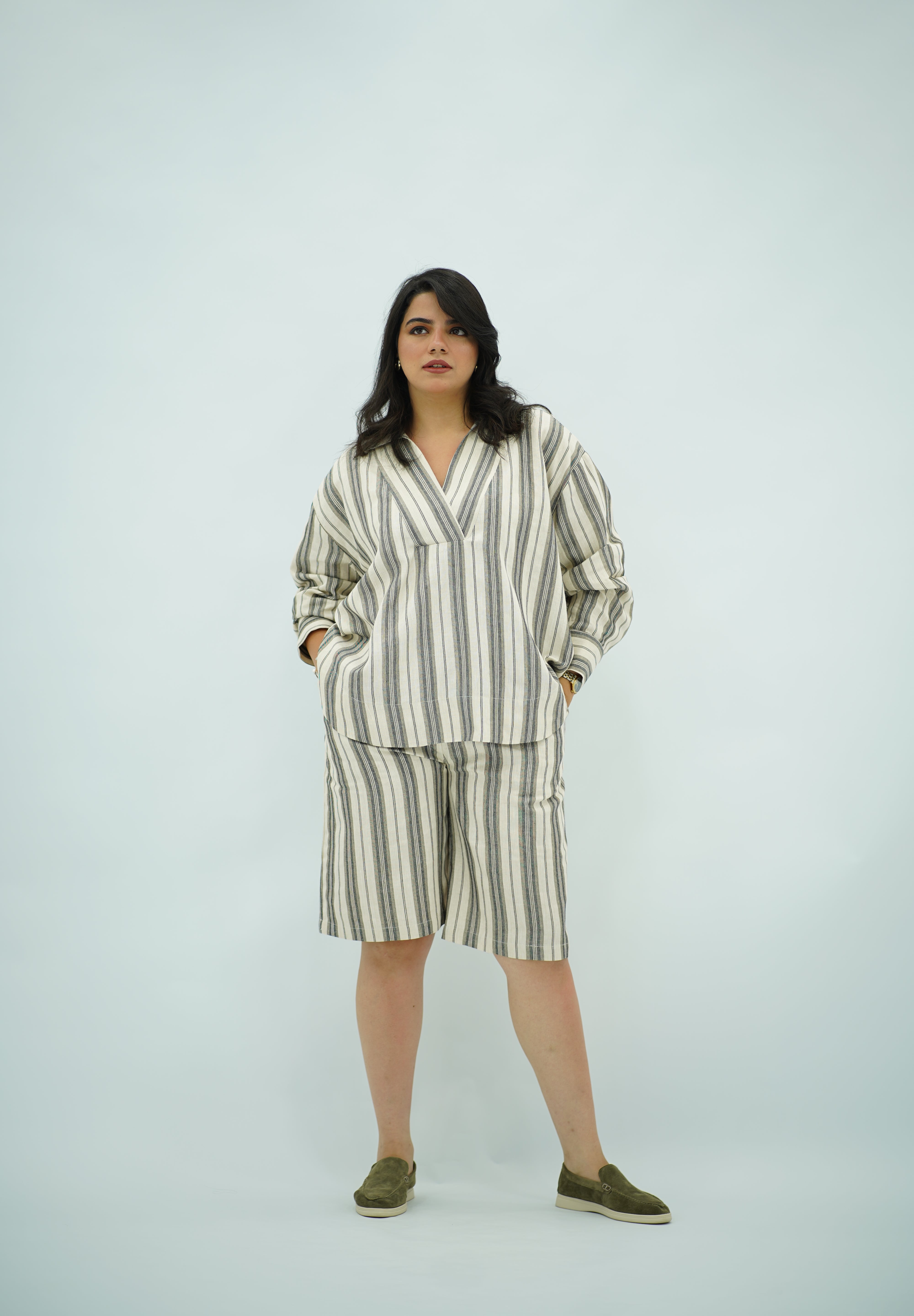 Ensemble Lin Rayé Oversize - Style Chic et Décontracté