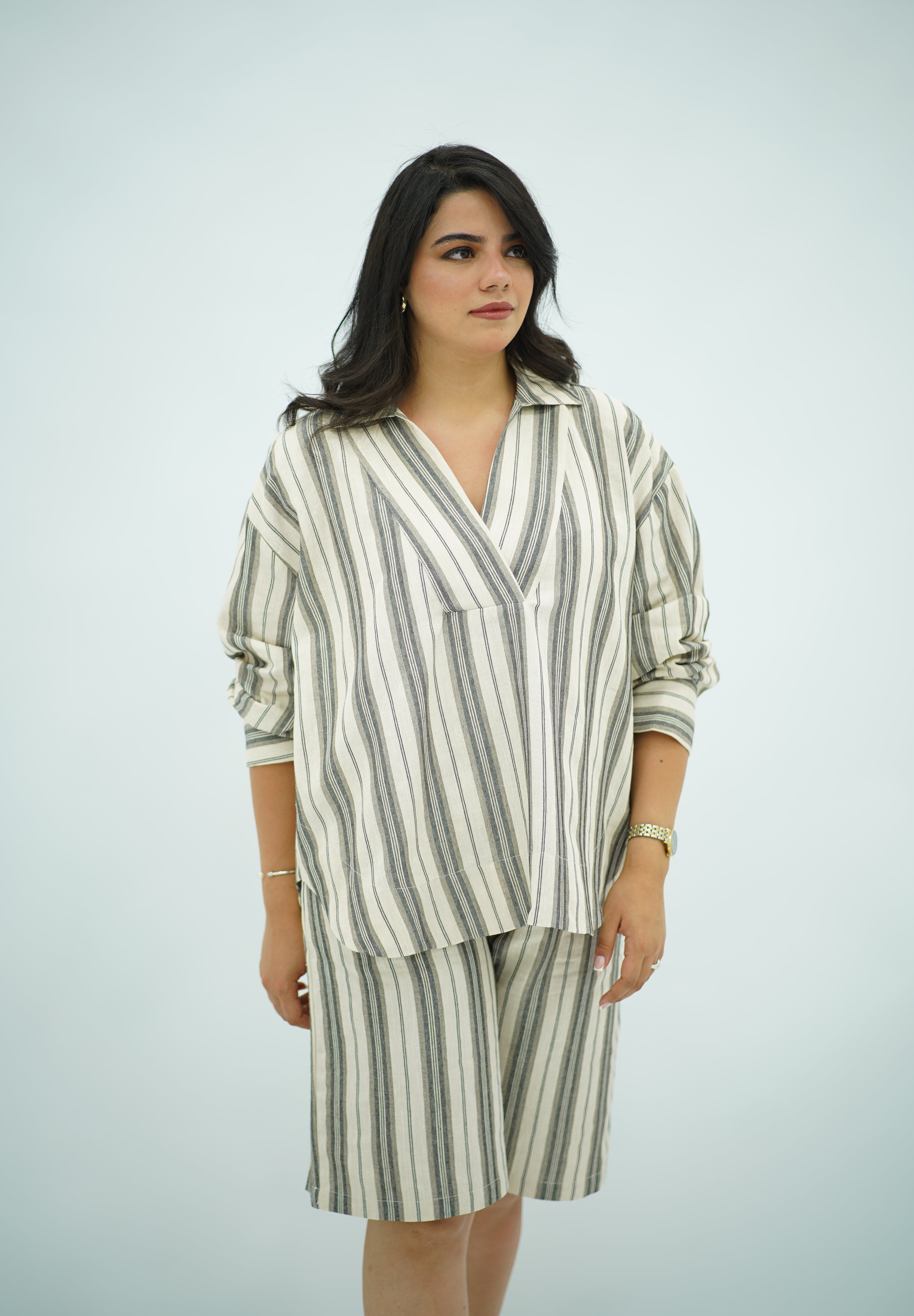 Ensemble Lin Rayé Oversize - Style Chic et Décontracté