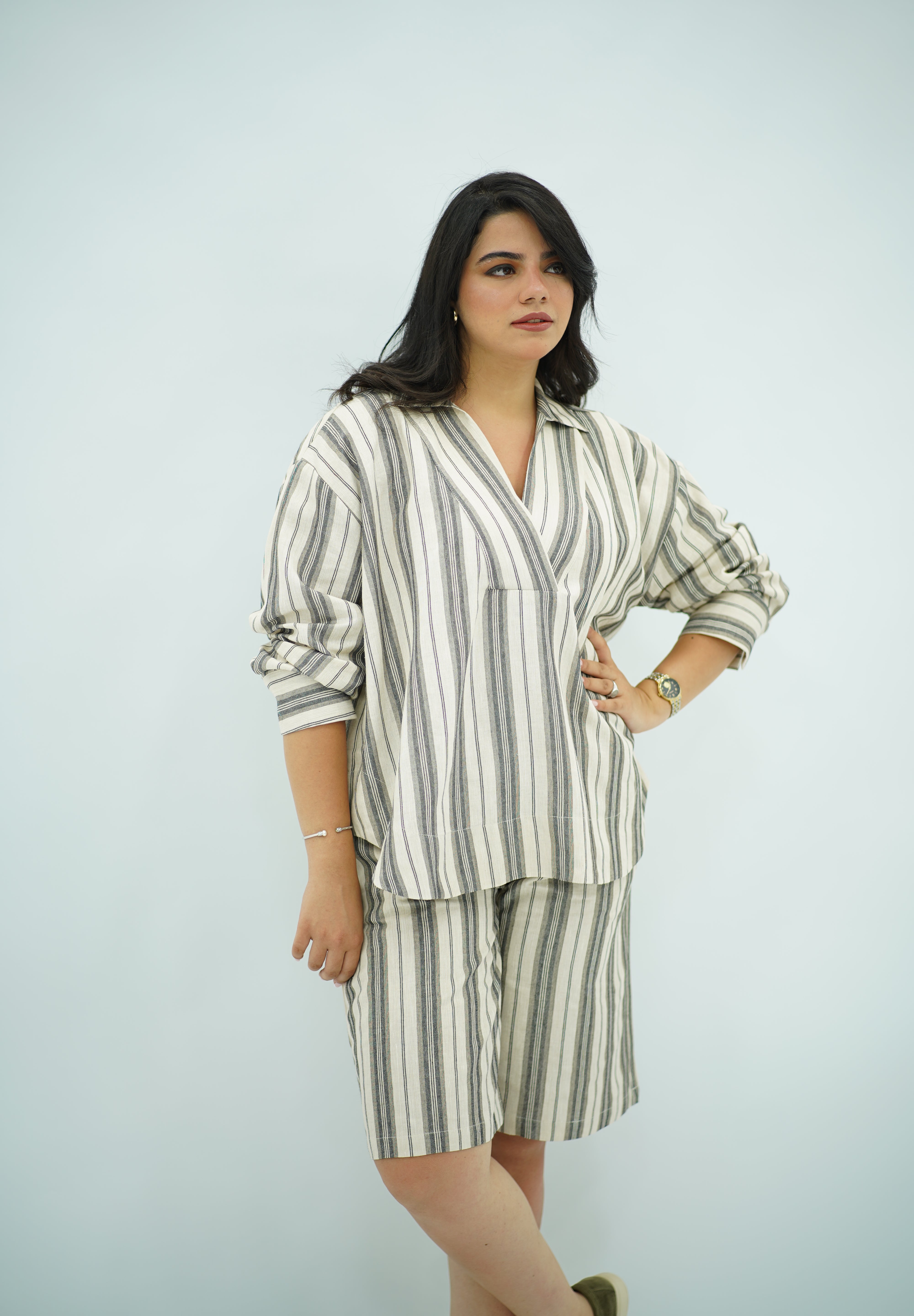Ensemble Lin Rayé Oversize - Style Chic et Décontracté