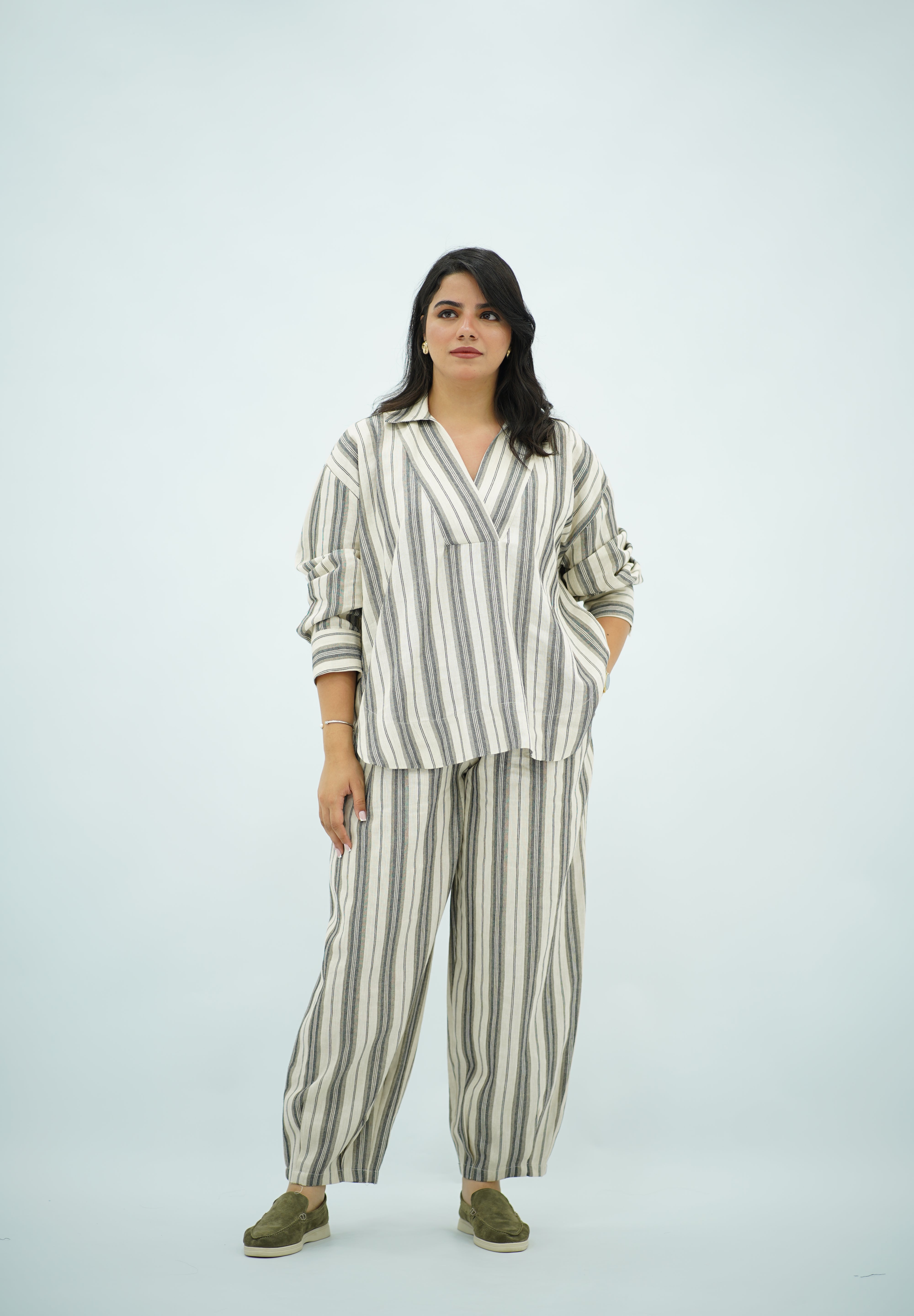 Ensemble Lin Rayé Oversize - Style Chic et Décontracté