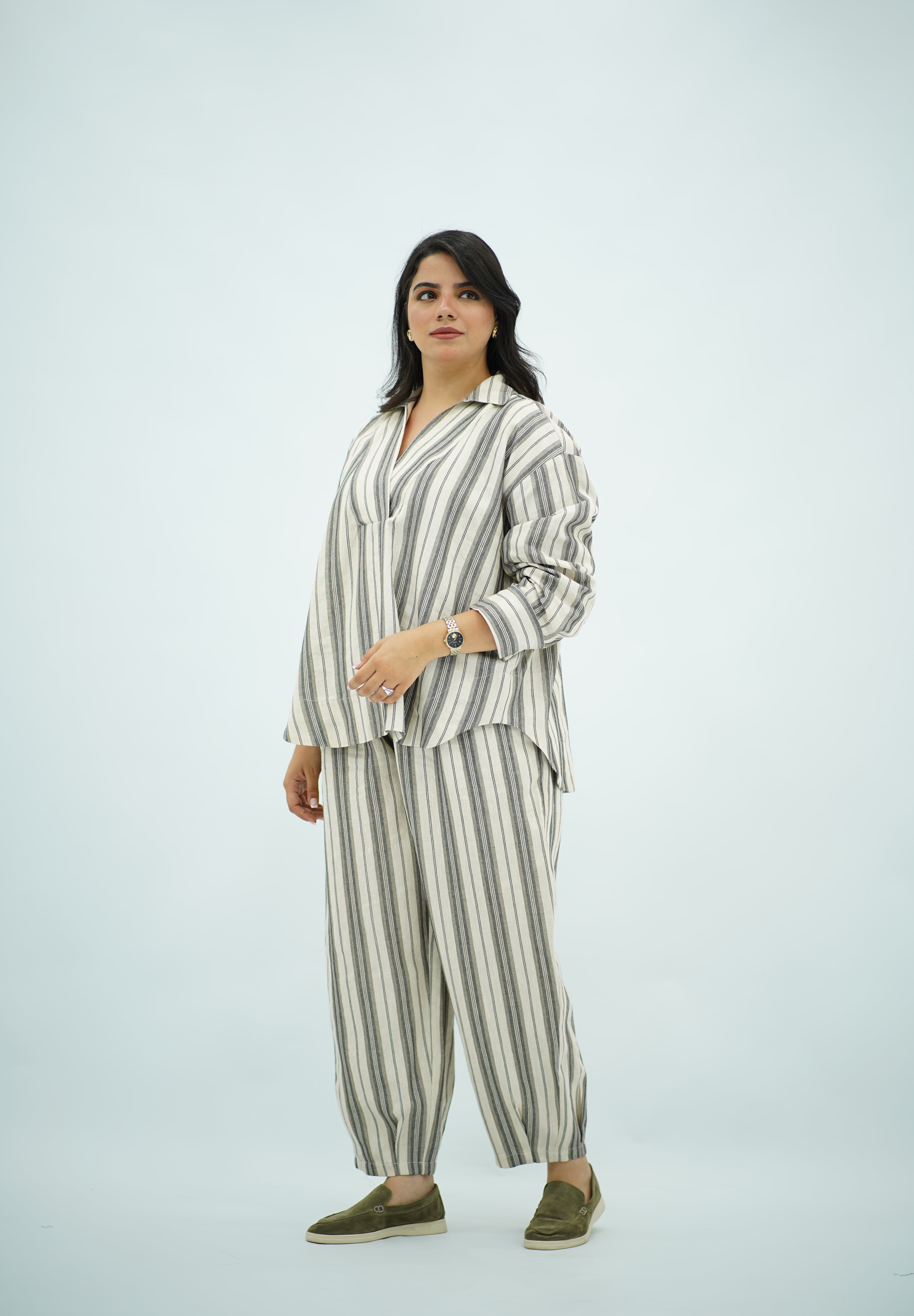 Ensemble Lin Rayé Oversize - Style Chic et Décontracté