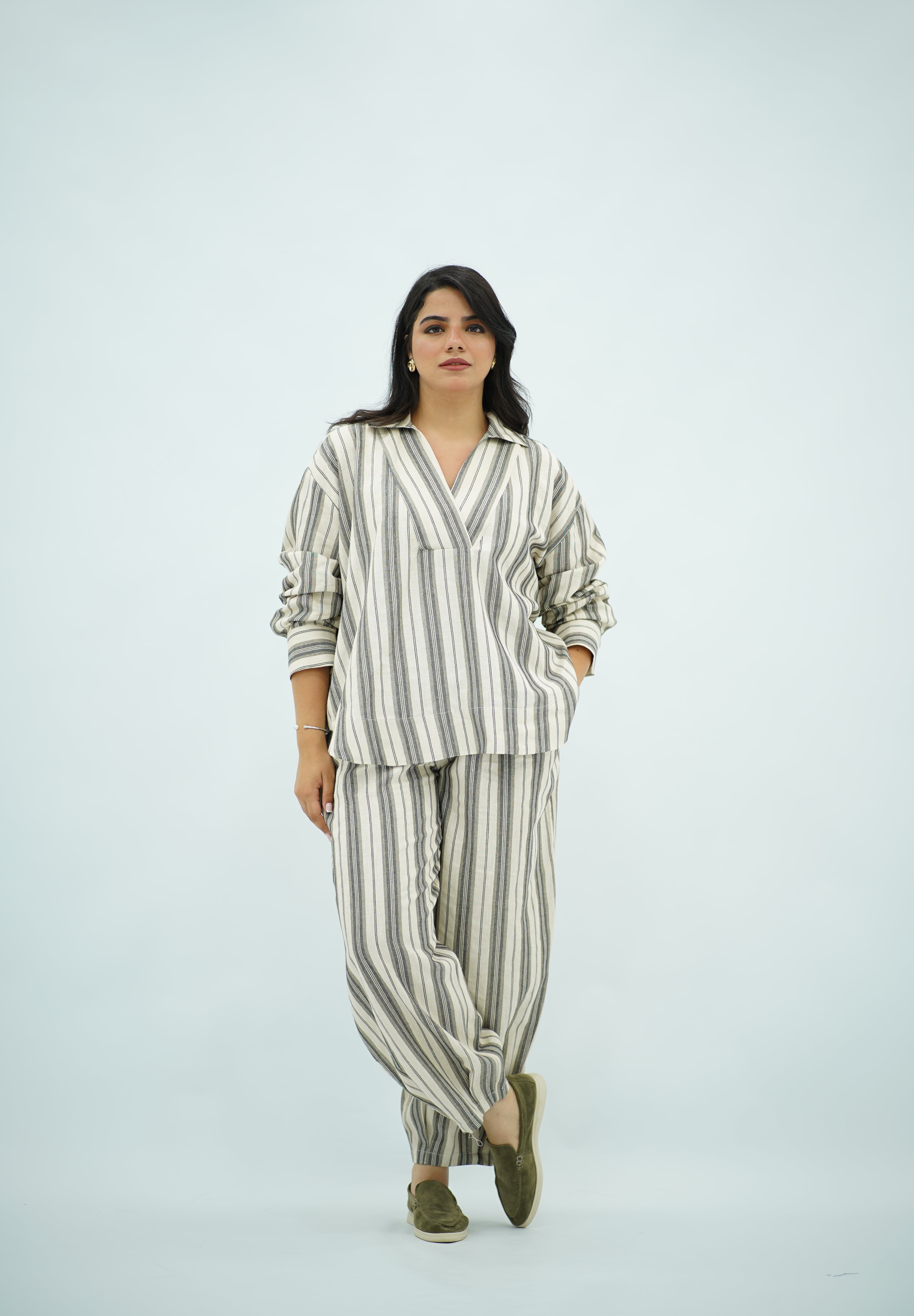 Ensemble Lin Rayé Oversize - Style Chic et Décontracté