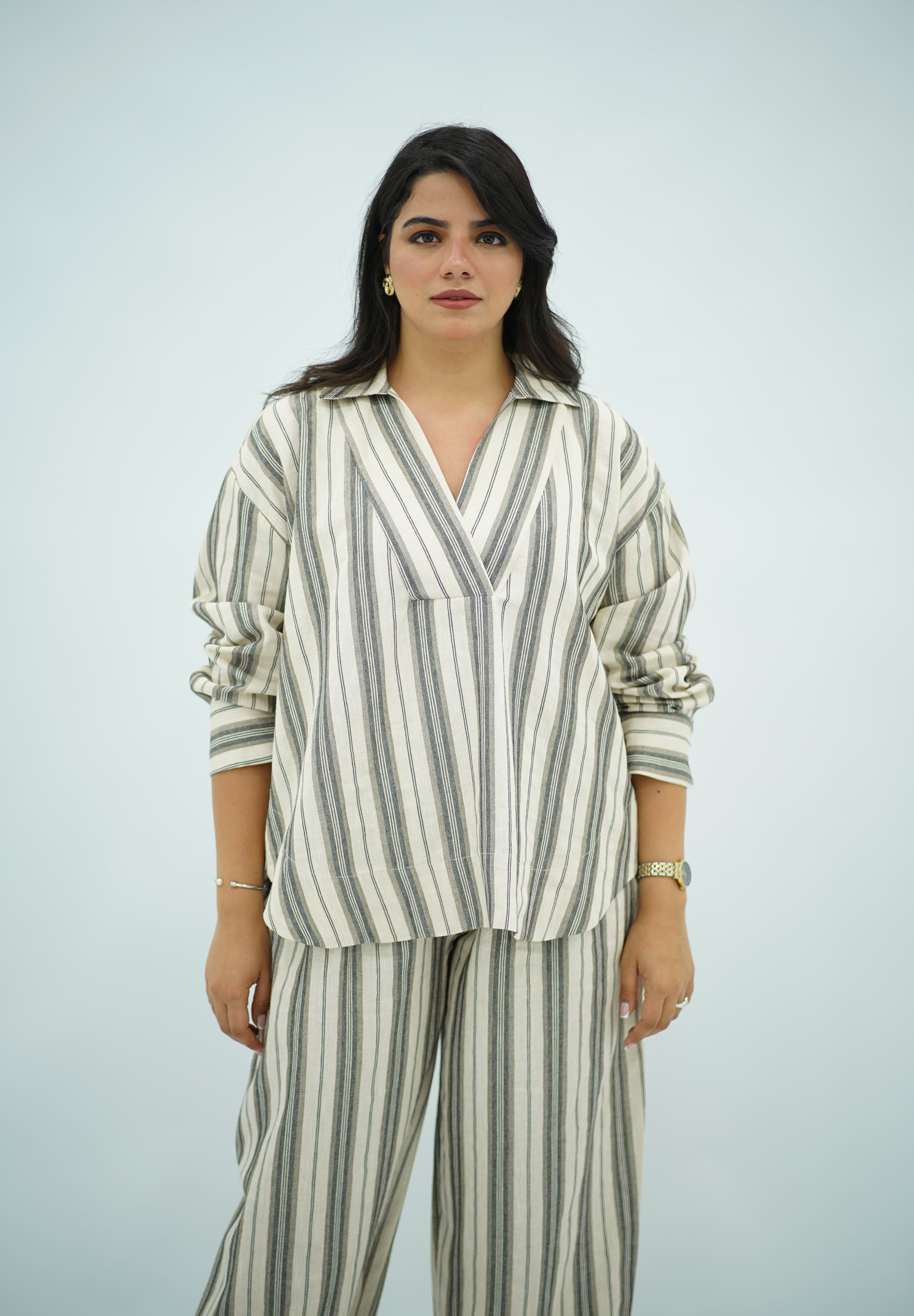 Ensemble Lin Rayé Oversize - Style Chic et Décontracté