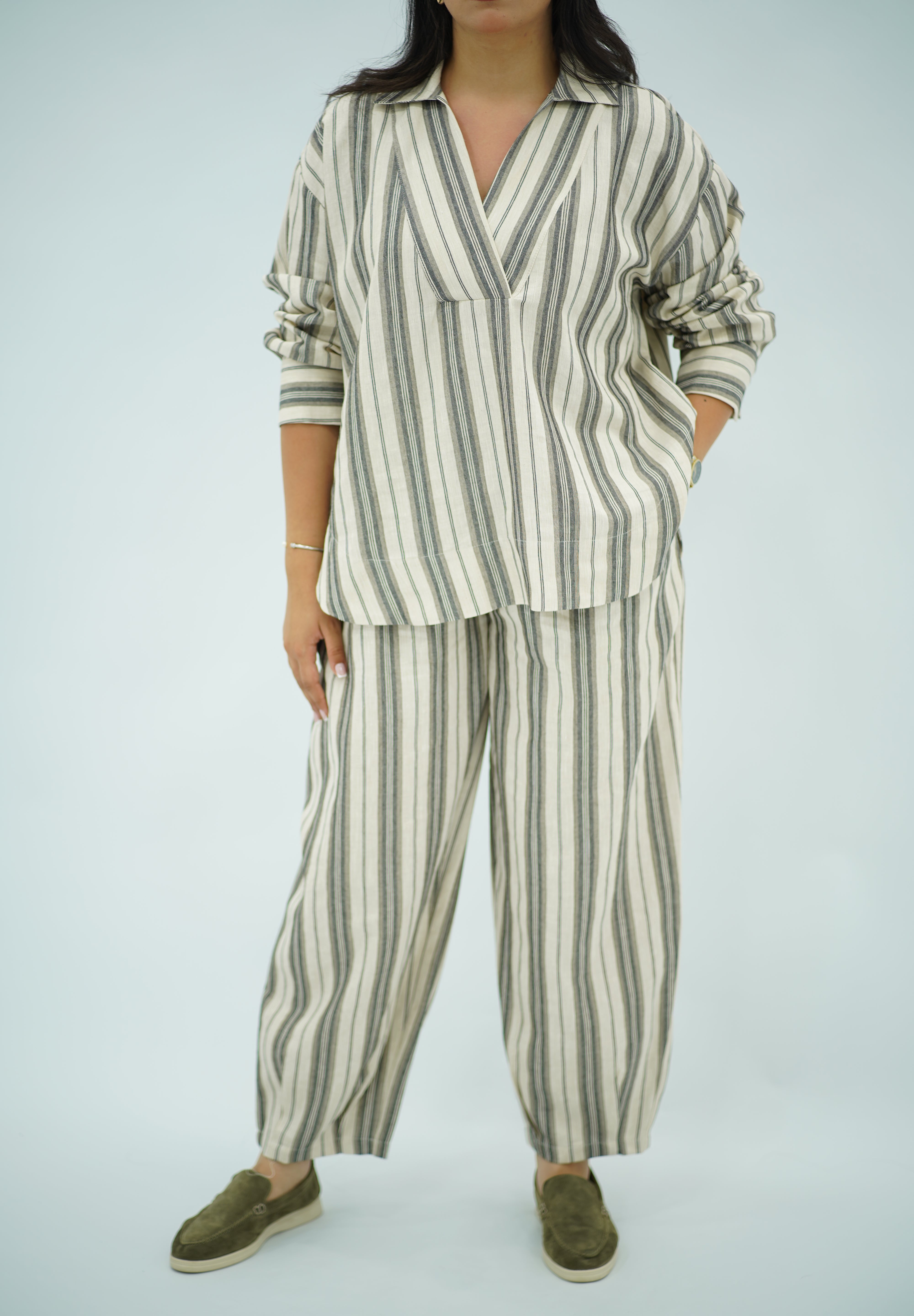 Ensemble Lin Rayé Oversize - Style Chic et Décontracté