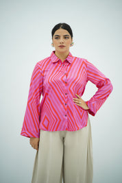 Chemise Fluide à Motifs Géométriques Rose et Rouge