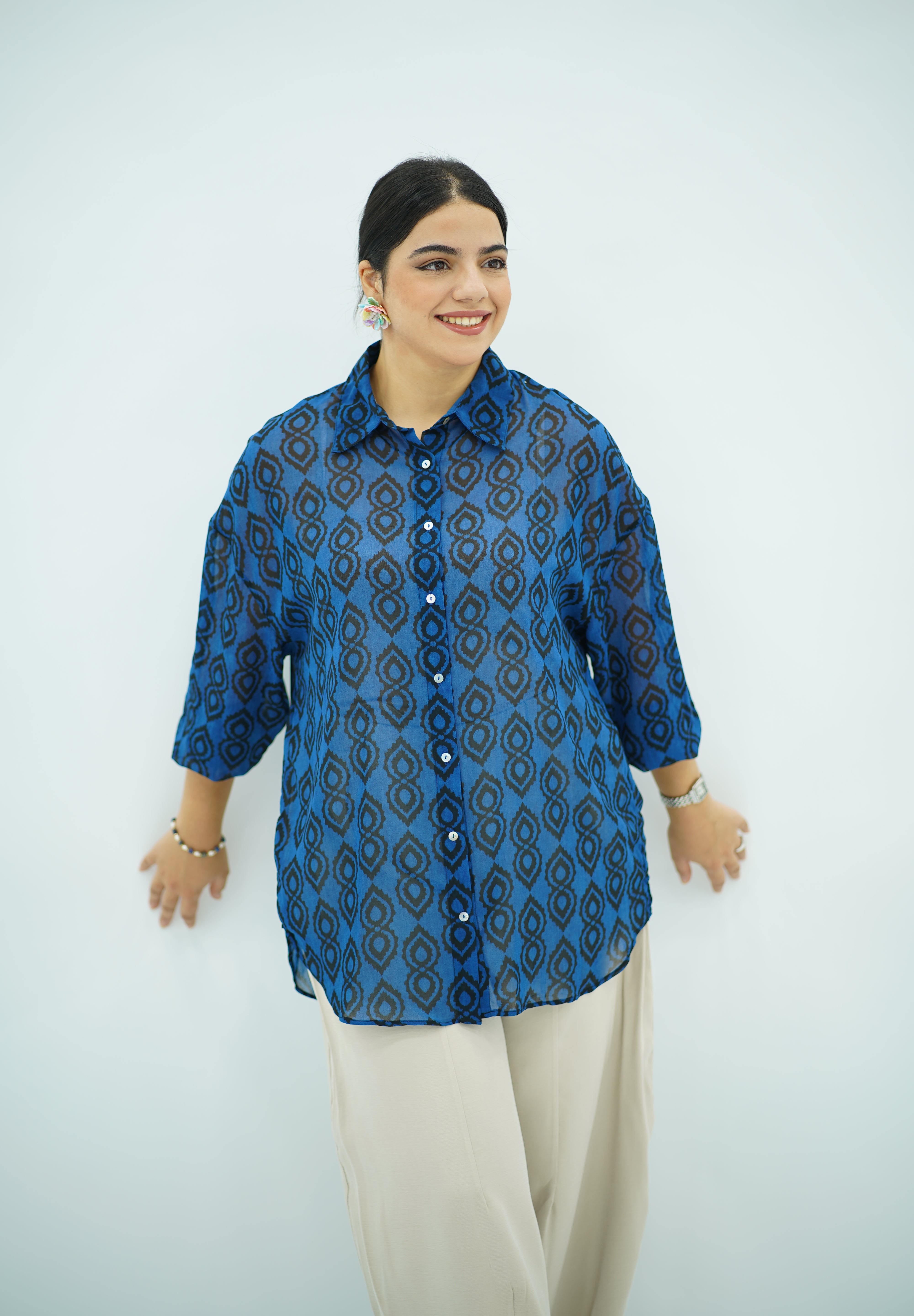 Chemise Fluide à Imprimé Graphique Bleu