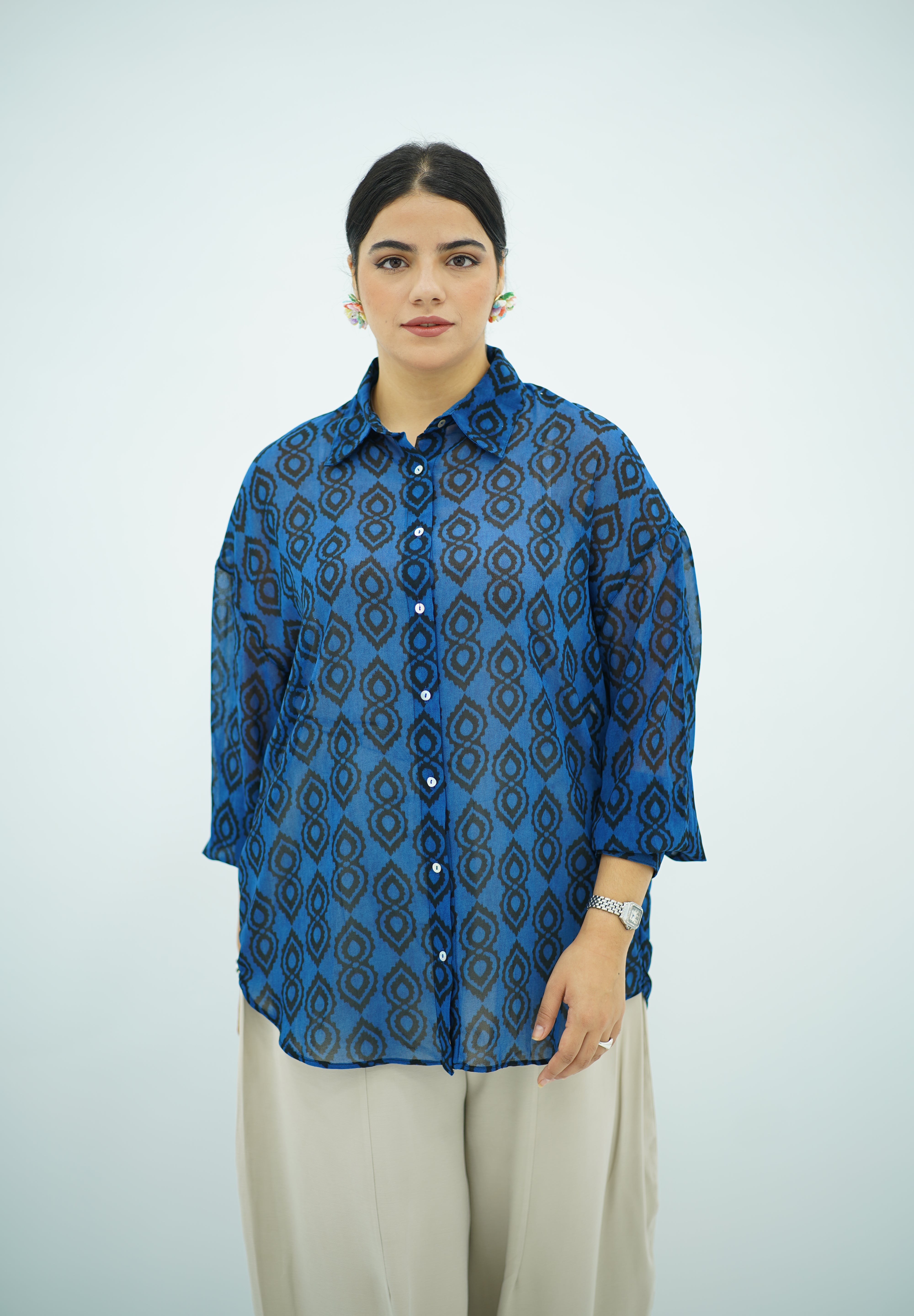 Chemise Fluide à Imprimé Graphique Bleu