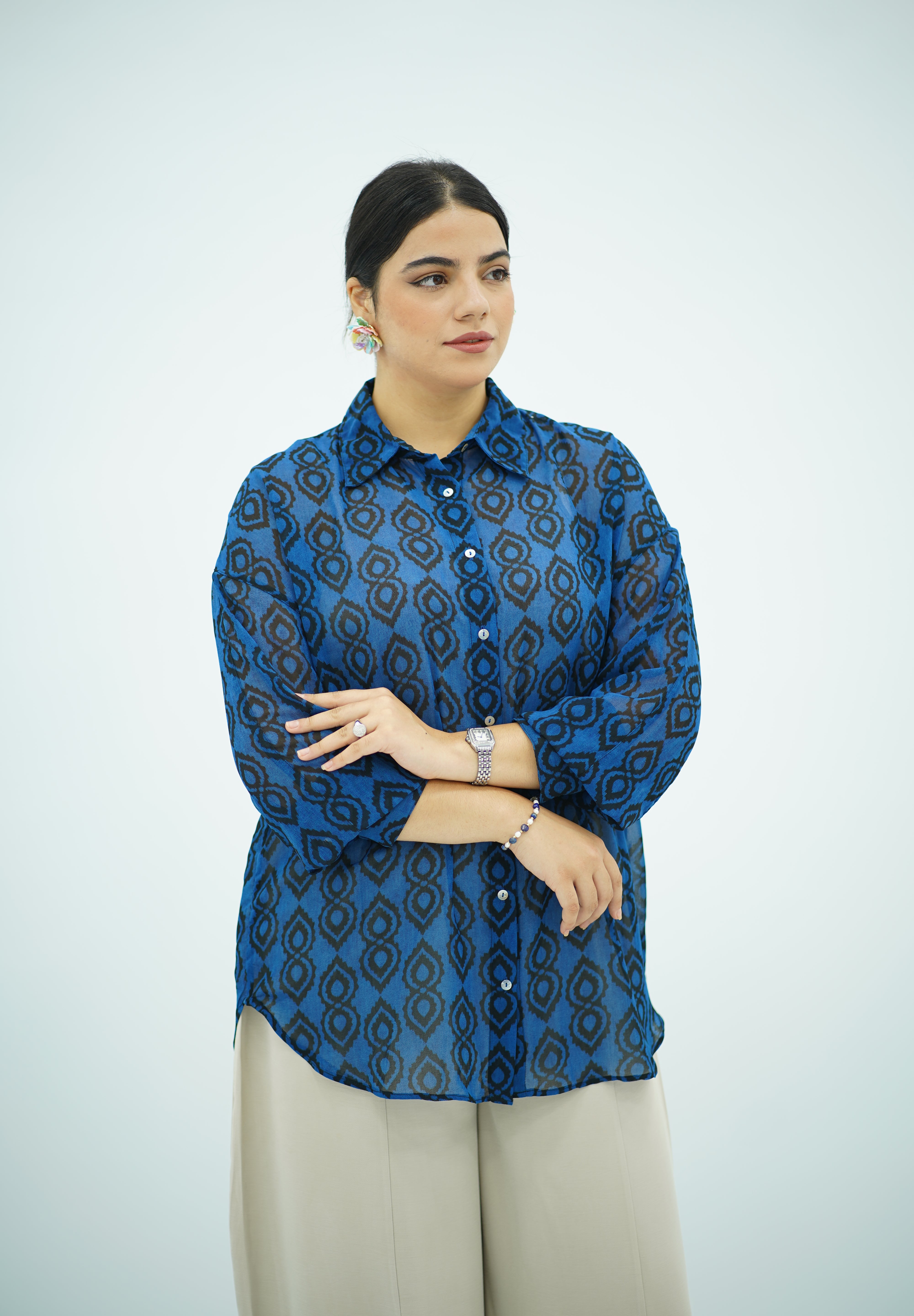 Chemise Fluide à Imprimé Graphique Bleu
