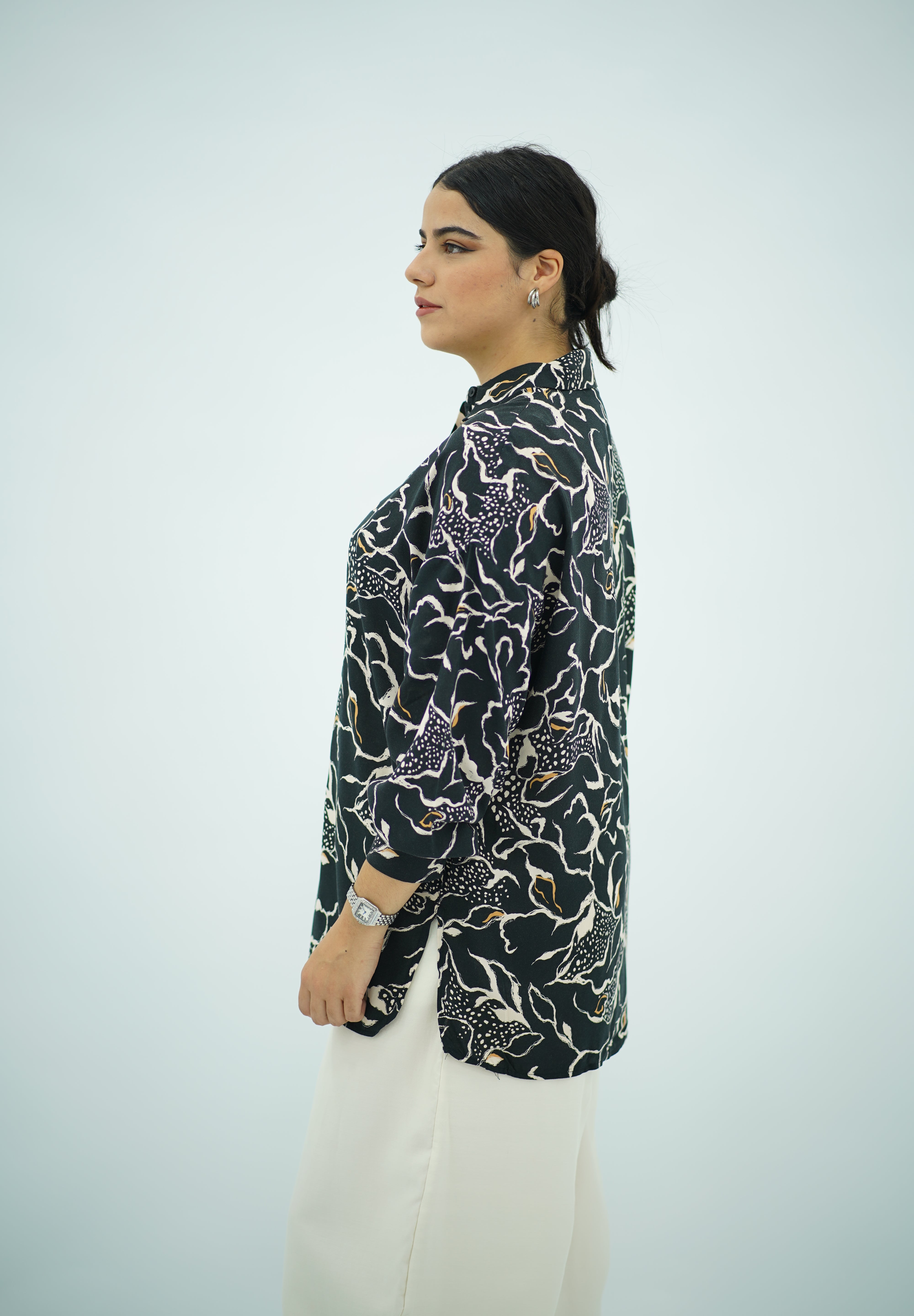 Chemise Fluide Imprimé Abstrait Noir et Blanc