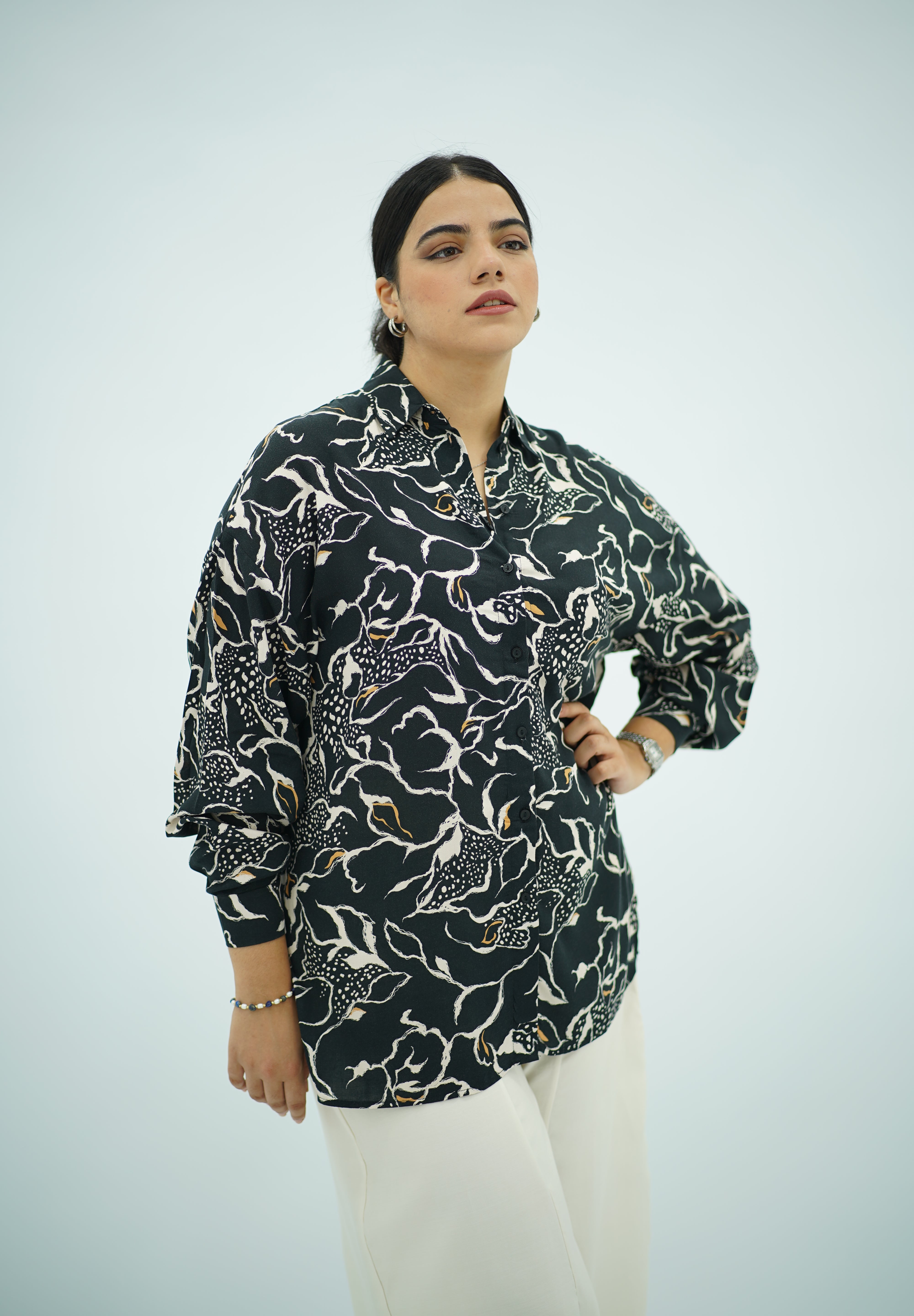 Chemise Fluide Imprimé Abstrait Noir et Blanc