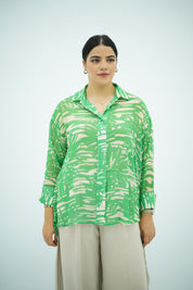 Chemise Fluide Imprimé Feuillage Vert et Beige