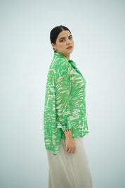 Chemise Fluide Imprimé Feuillage Vert et Beige