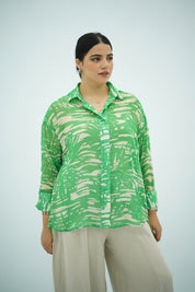 Chemise Fluide Imprimé Feuillage Vert et Beige