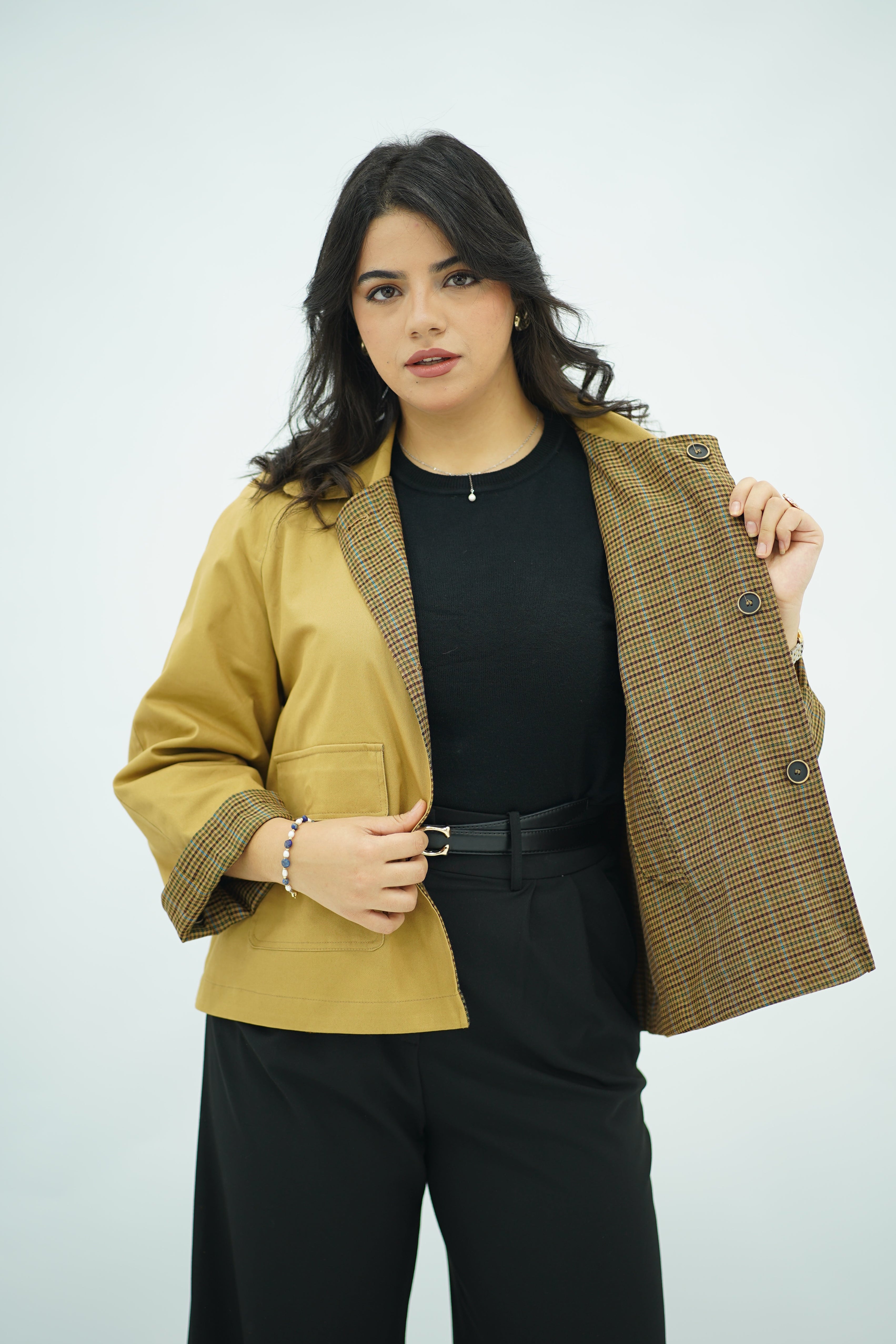 Veste Double Face Moutarde & Motifs Pied-de-Poule