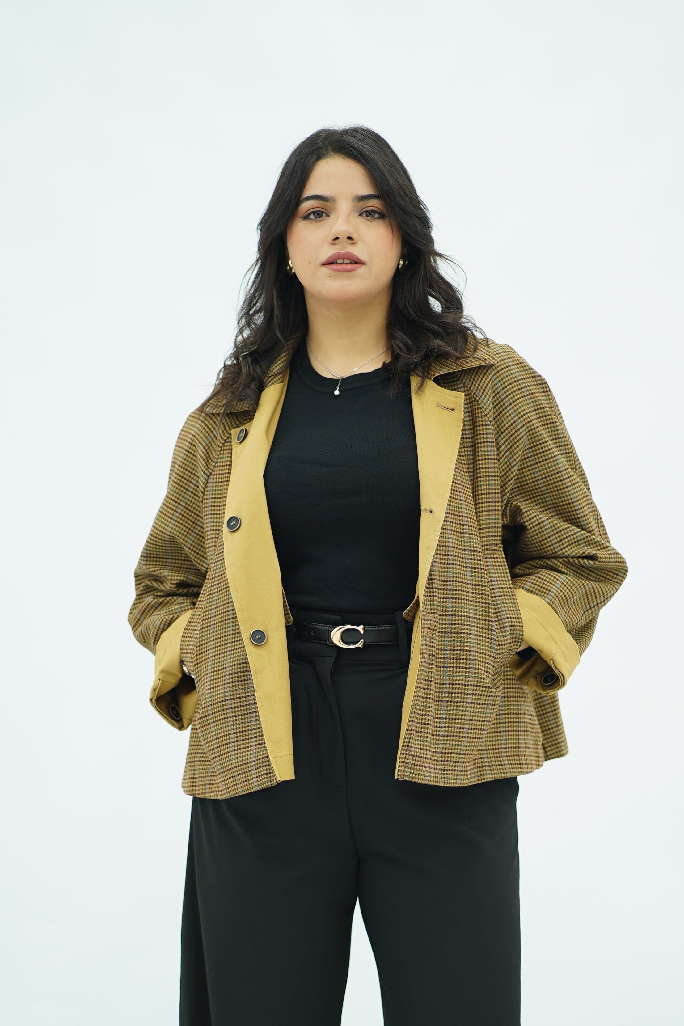 Veste Double Face Moutarde & Motifs Pied-de-Poule