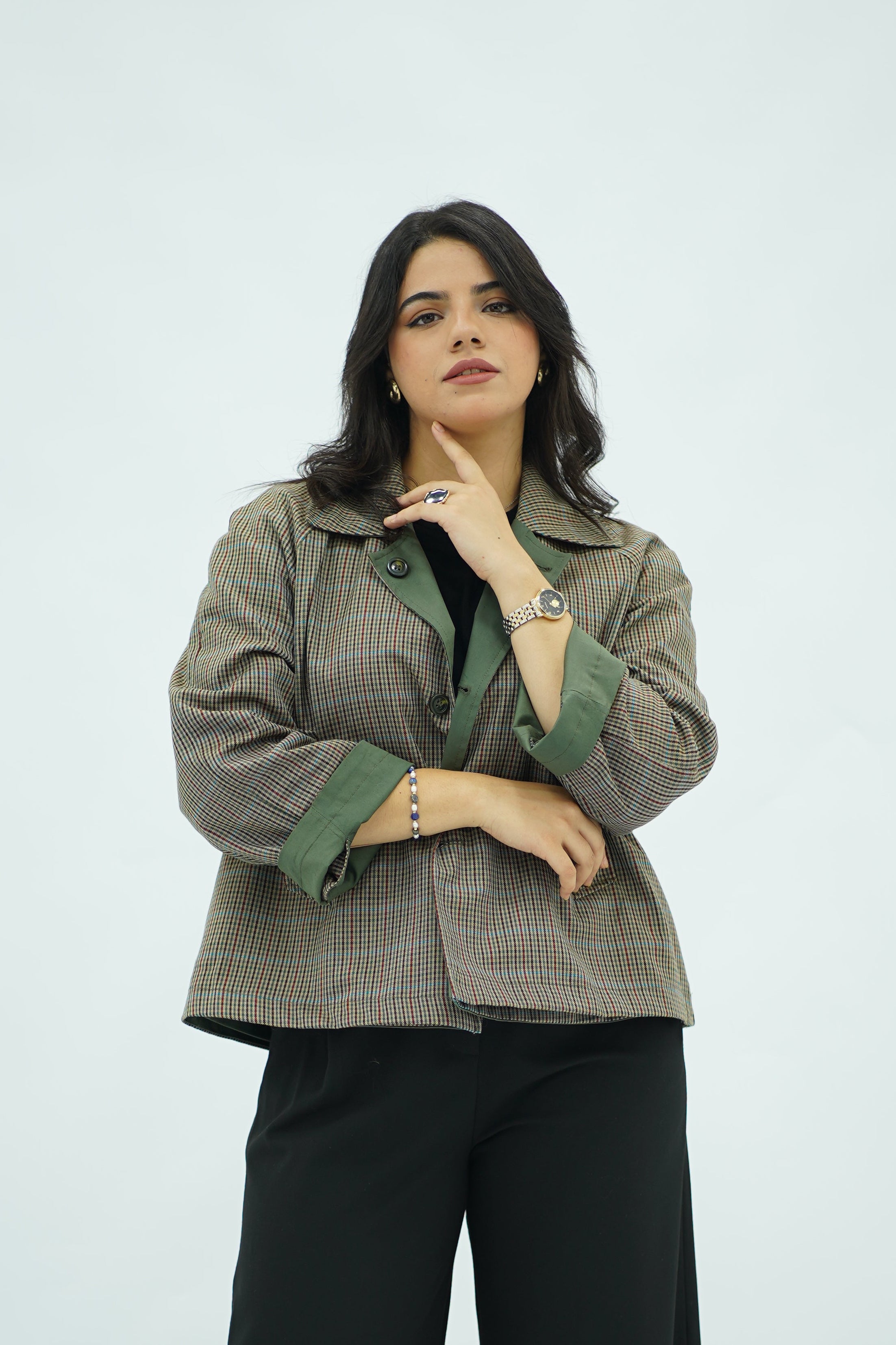 Jacket Double Face Vert Sauge & Motifs Pied-de-Poule