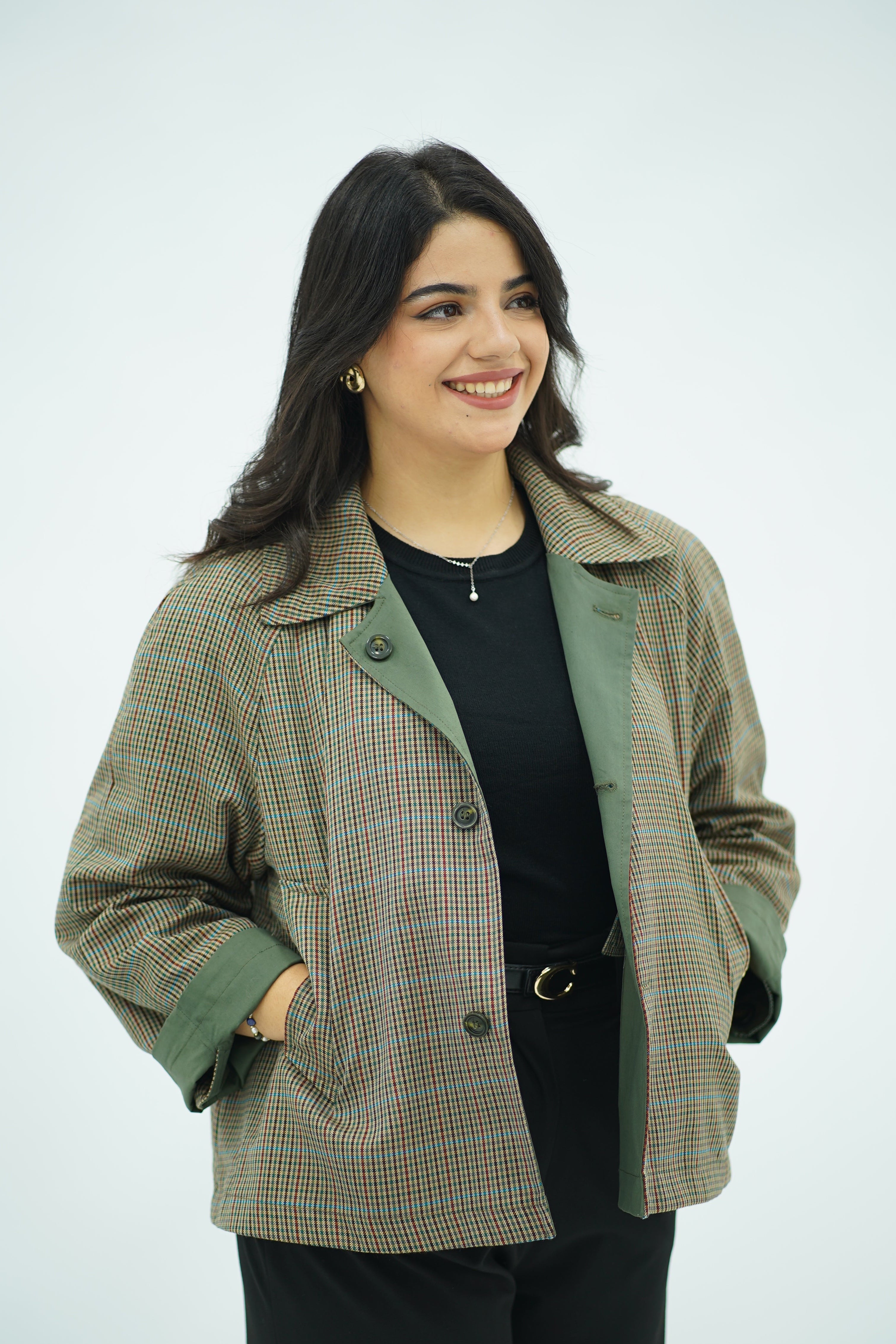 Jacket Double Face Vert Sauge & Motifs Pied-de-Poule