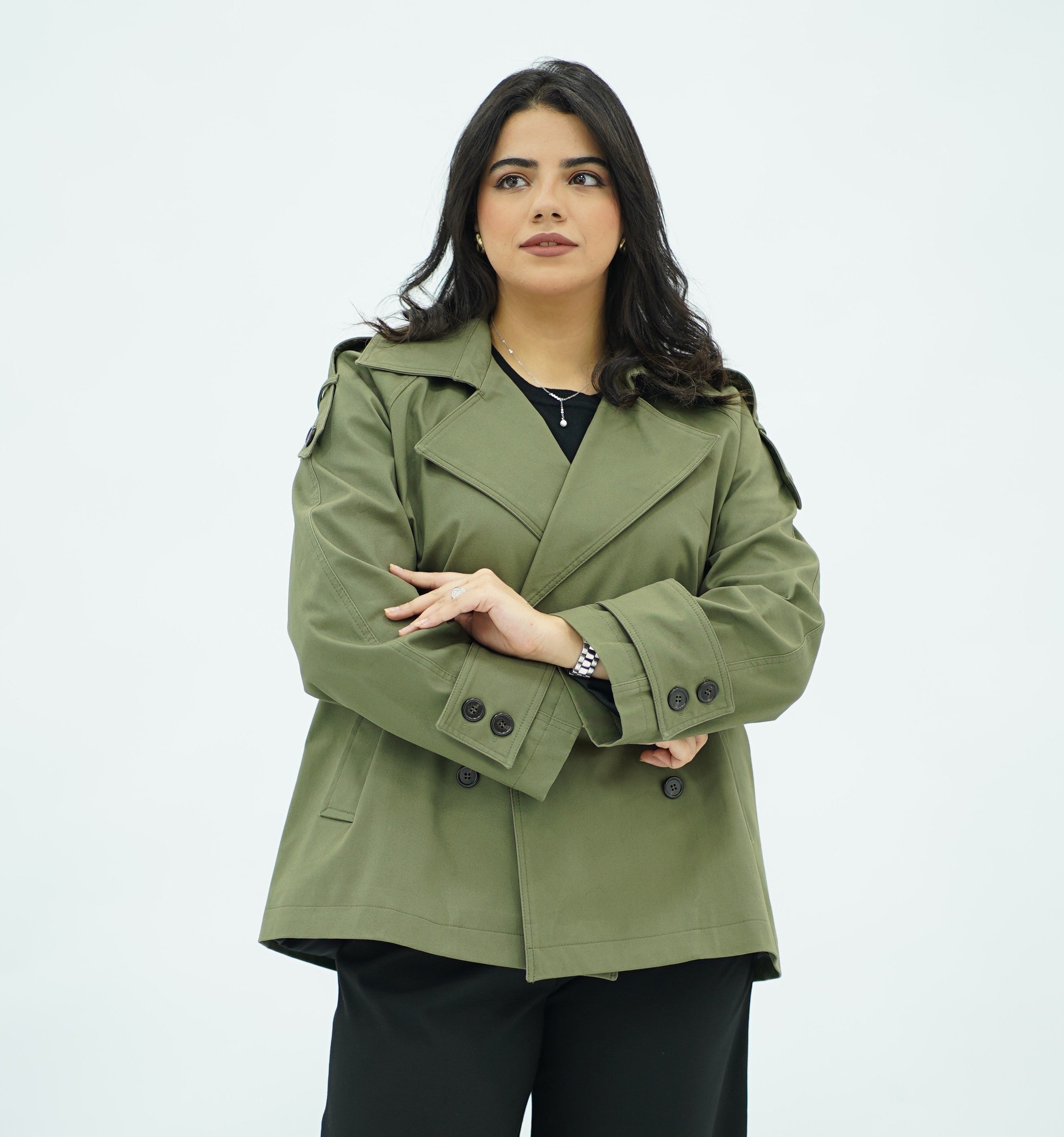 Trench Courte Vert Olive – Double Boutonnage