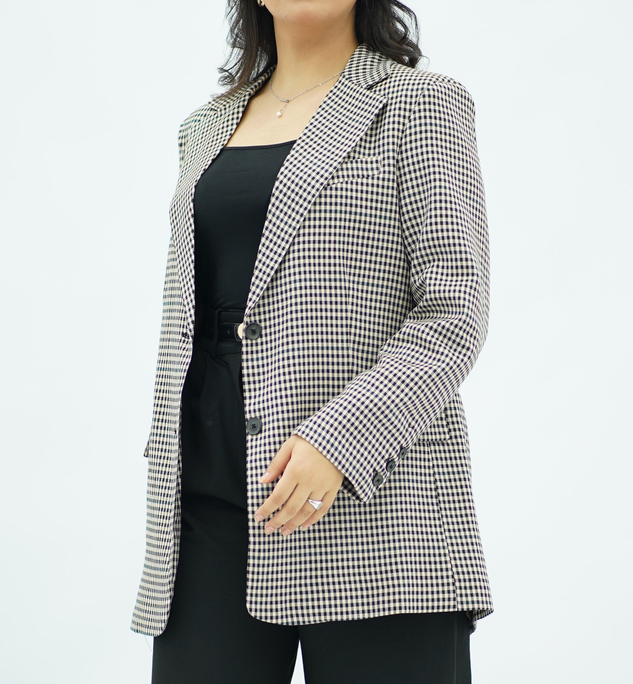 Blazer Structuré à Micro-Carreaux Noir & Beige