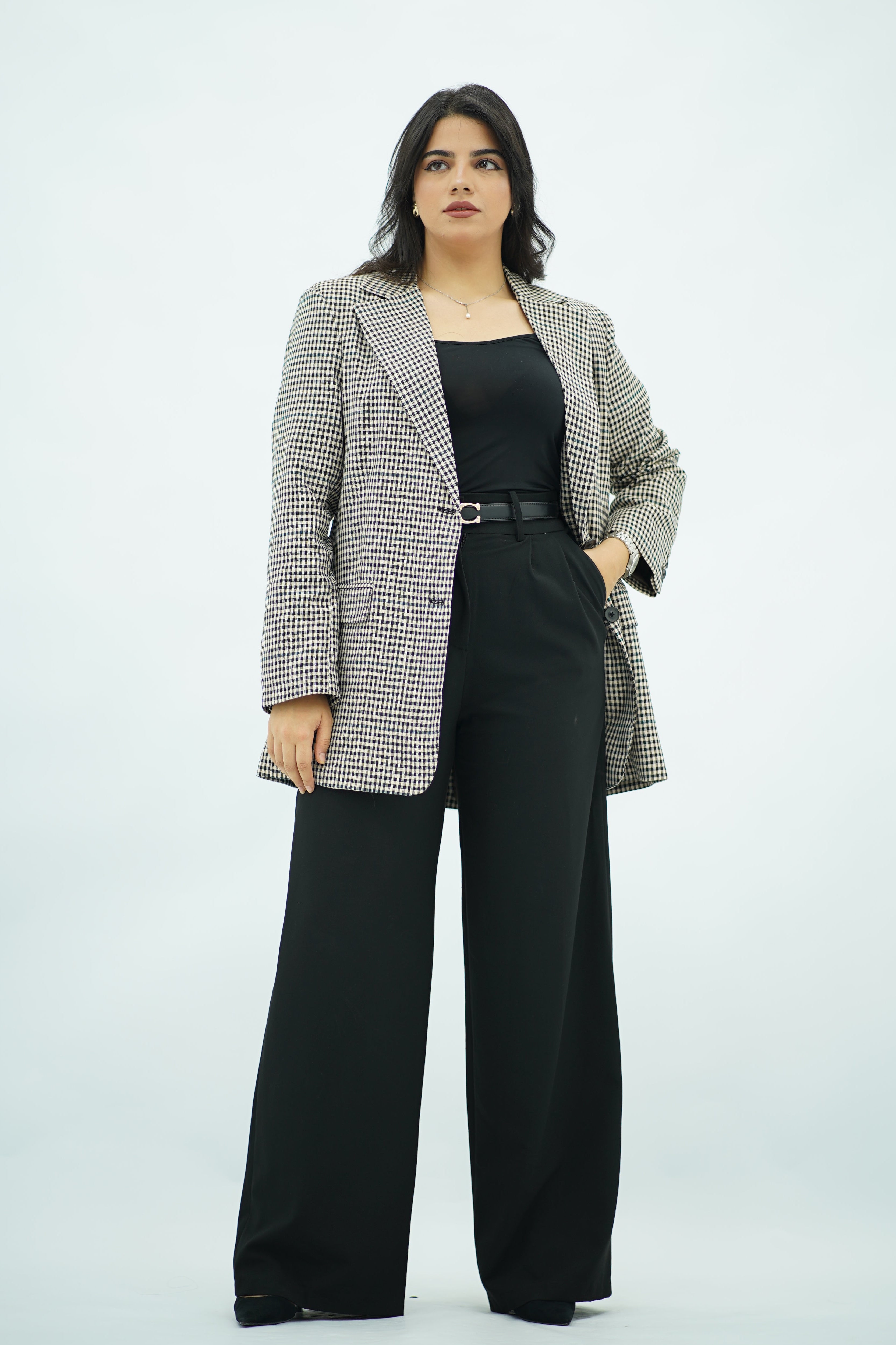 Blazer Structuré à Micro-Carreaux Noir & Beige