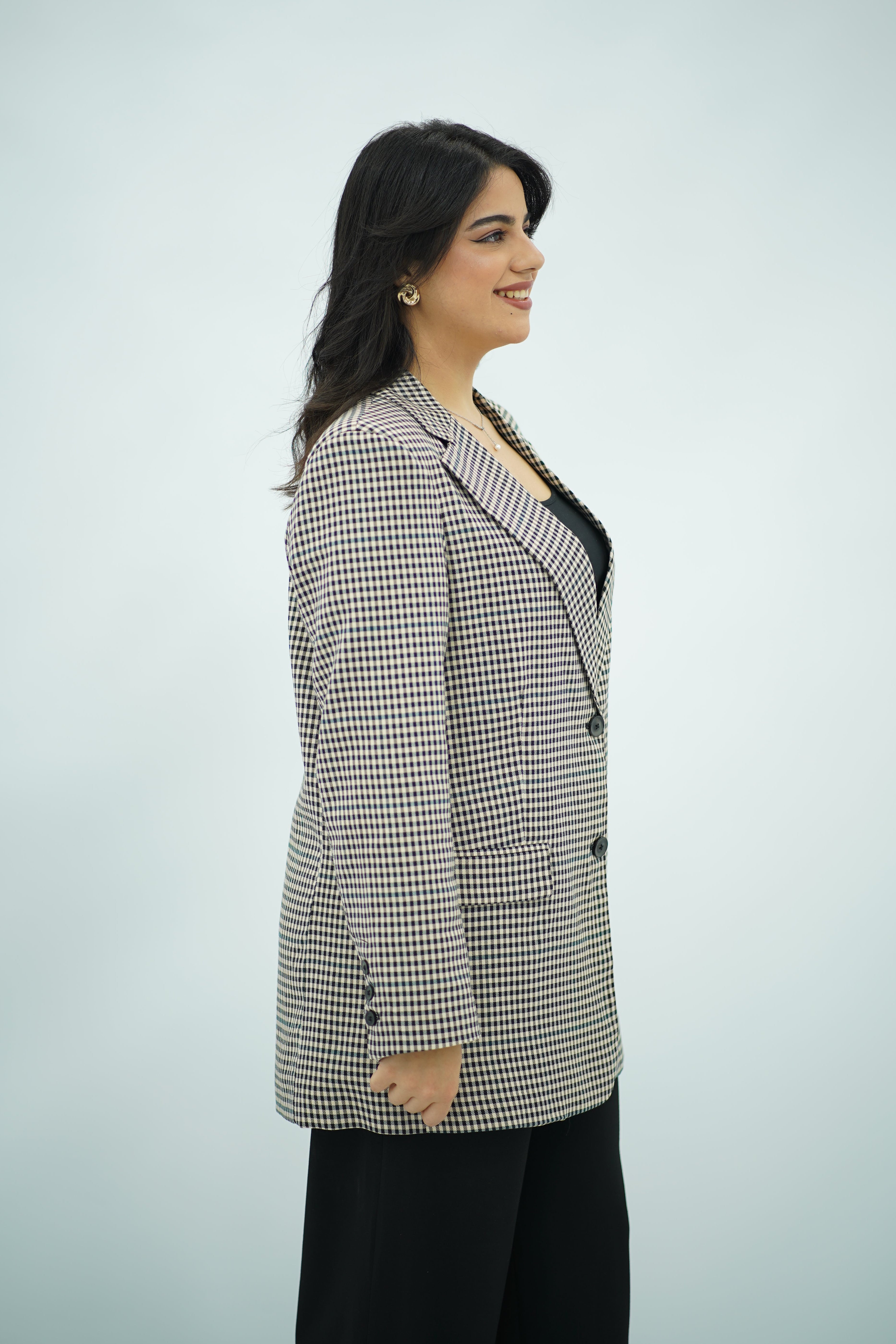 Blazer Structuré à Micro-Carreaux Noir & Beige
