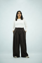 Pantalon Large Marron à Rayures Fines