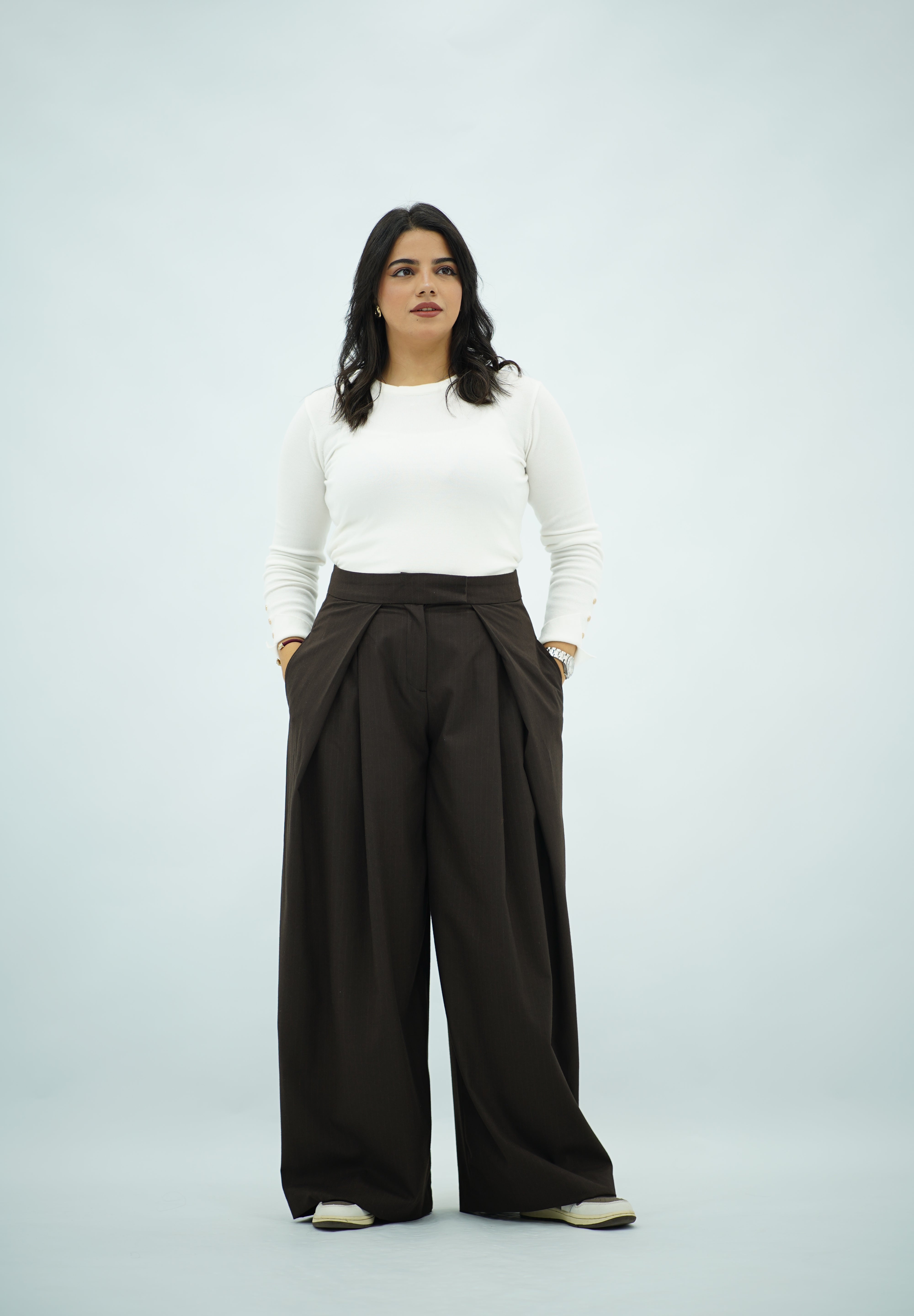 Pantalon Large Marron à Rayures Fines