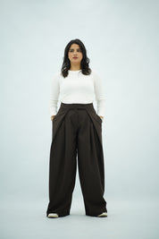 Pantalon Large Marron à Rayures Fines