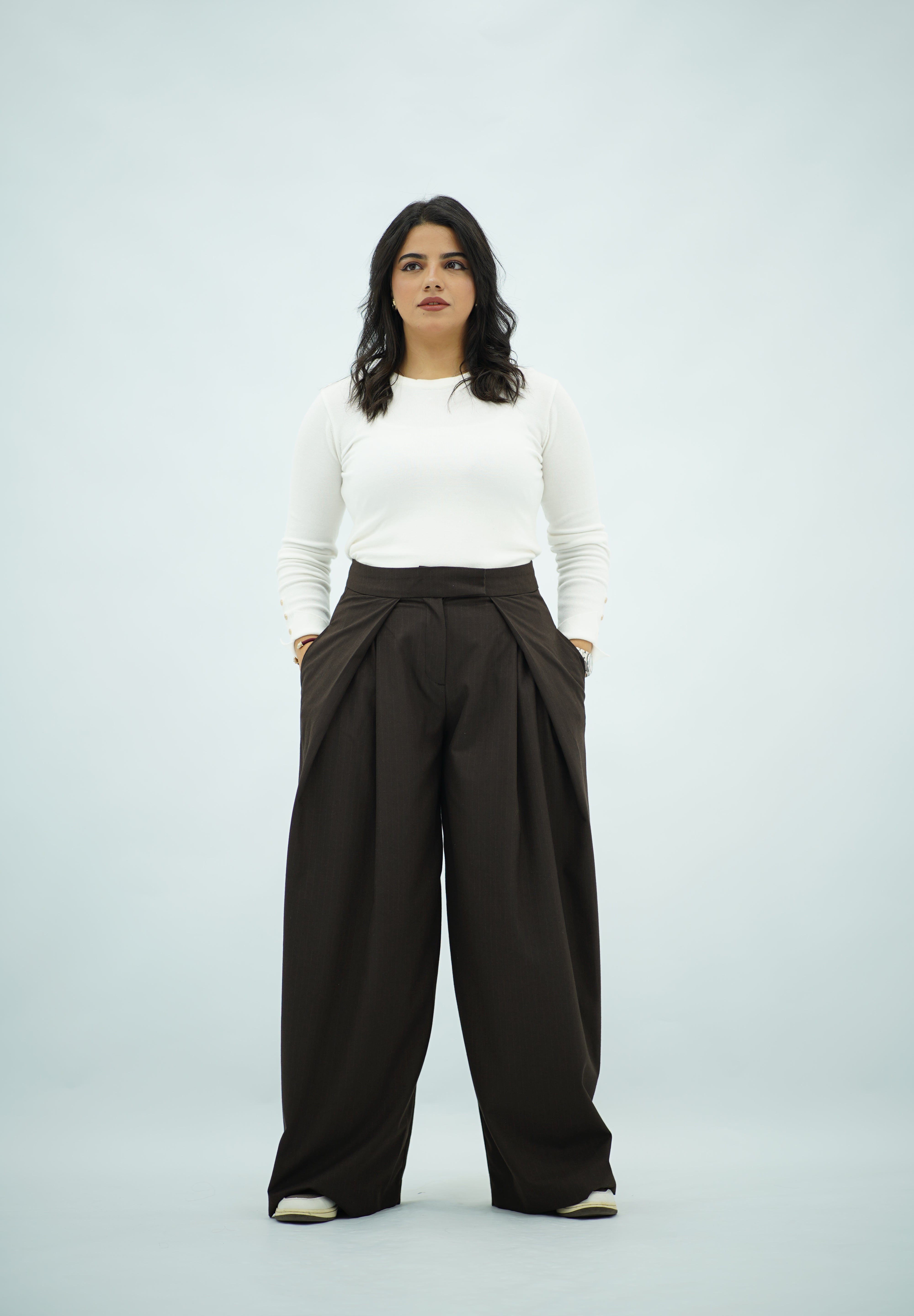Pantalon Large Marron à Rayures Fines