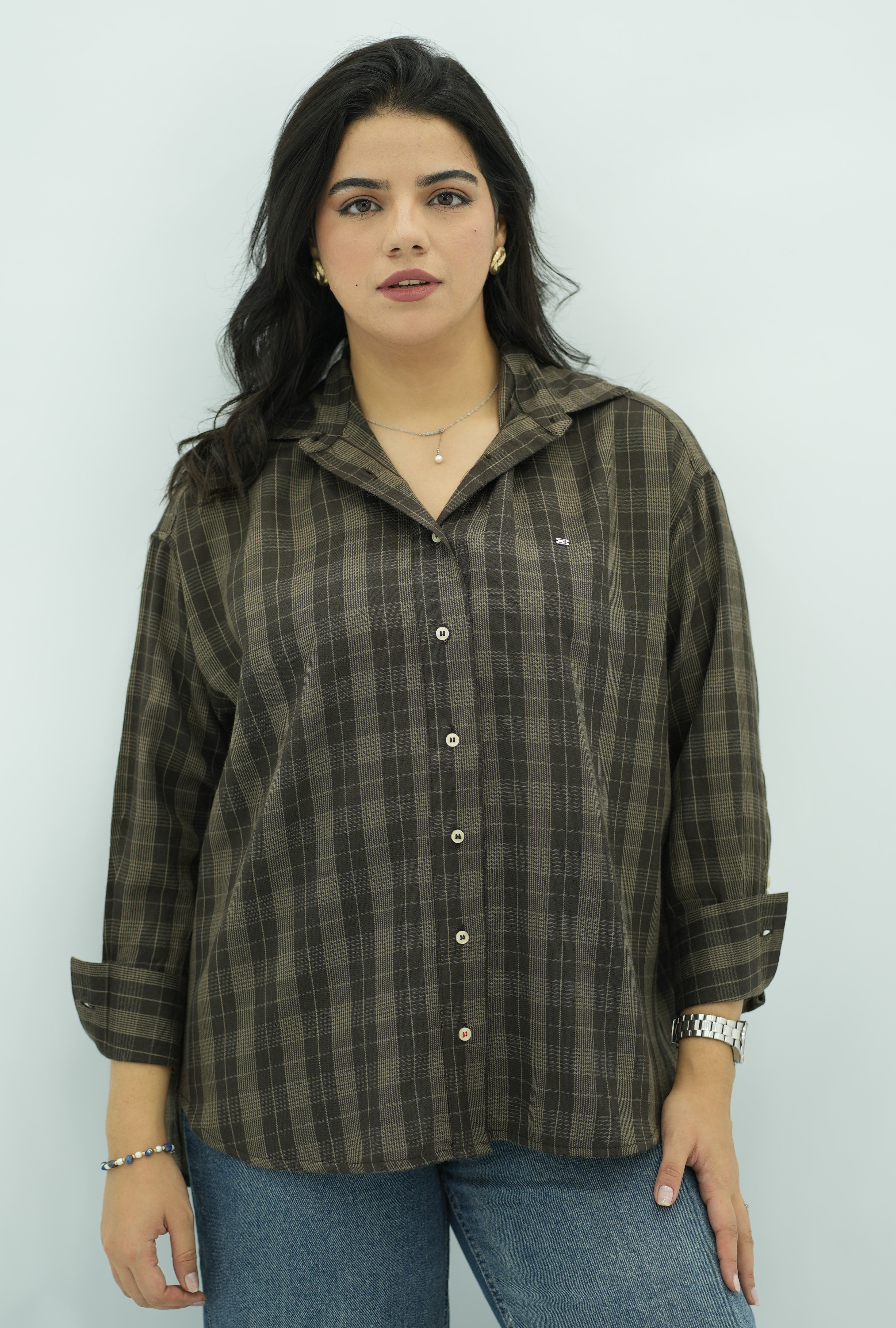 Chemise Casual à Carreaux Kaki