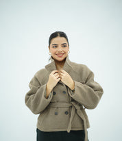 Manteau Court en Laine Ceinturé à Double Boutonnage