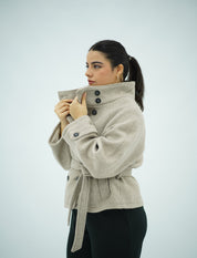 Manteau Court en Laine Ceinturé à Double Boutonnage
