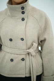 Manteau Court en Laine Ceinturé à Double Boutonnage