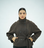 Manteau Court en Laine Ceinturé à Double Boutonnage